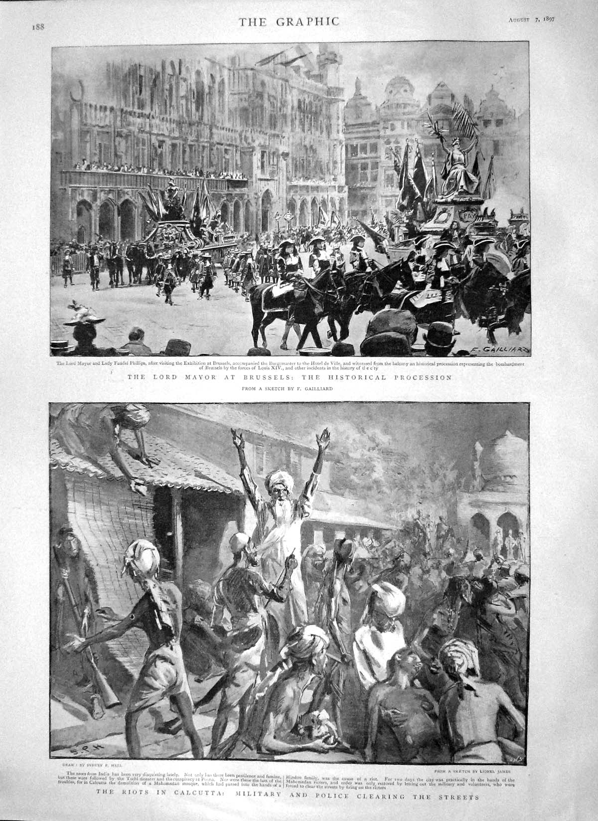 Old Antique Print 1897 Lord Mayor Brussels Riots Calcutta Military Police 19th