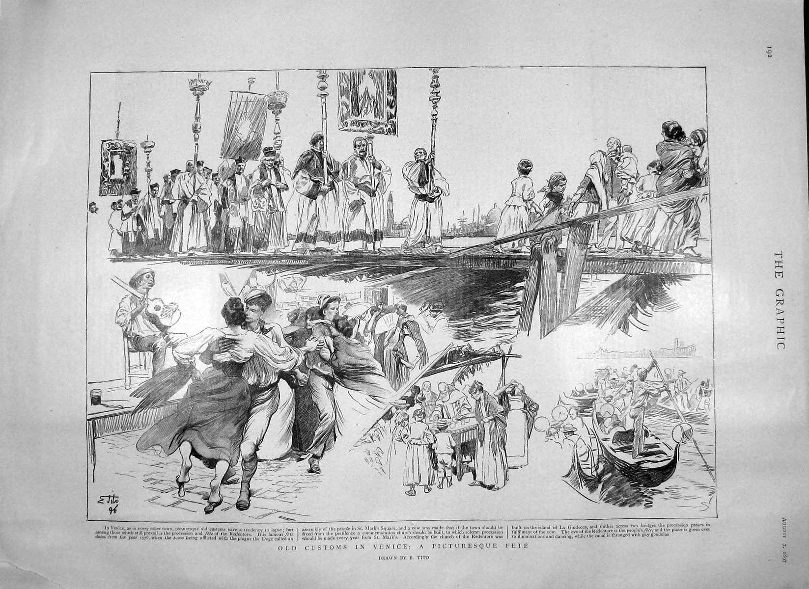 Original Old Antique Print 1897 Scene Customs Venice Fete River Boats Mark'S