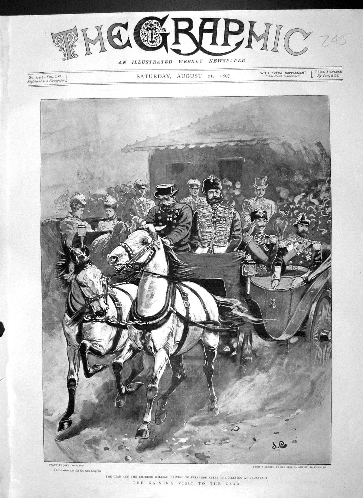 Original Old Antique Print 1897 Czar Kaiser Emperor William PeterhCronstadt
