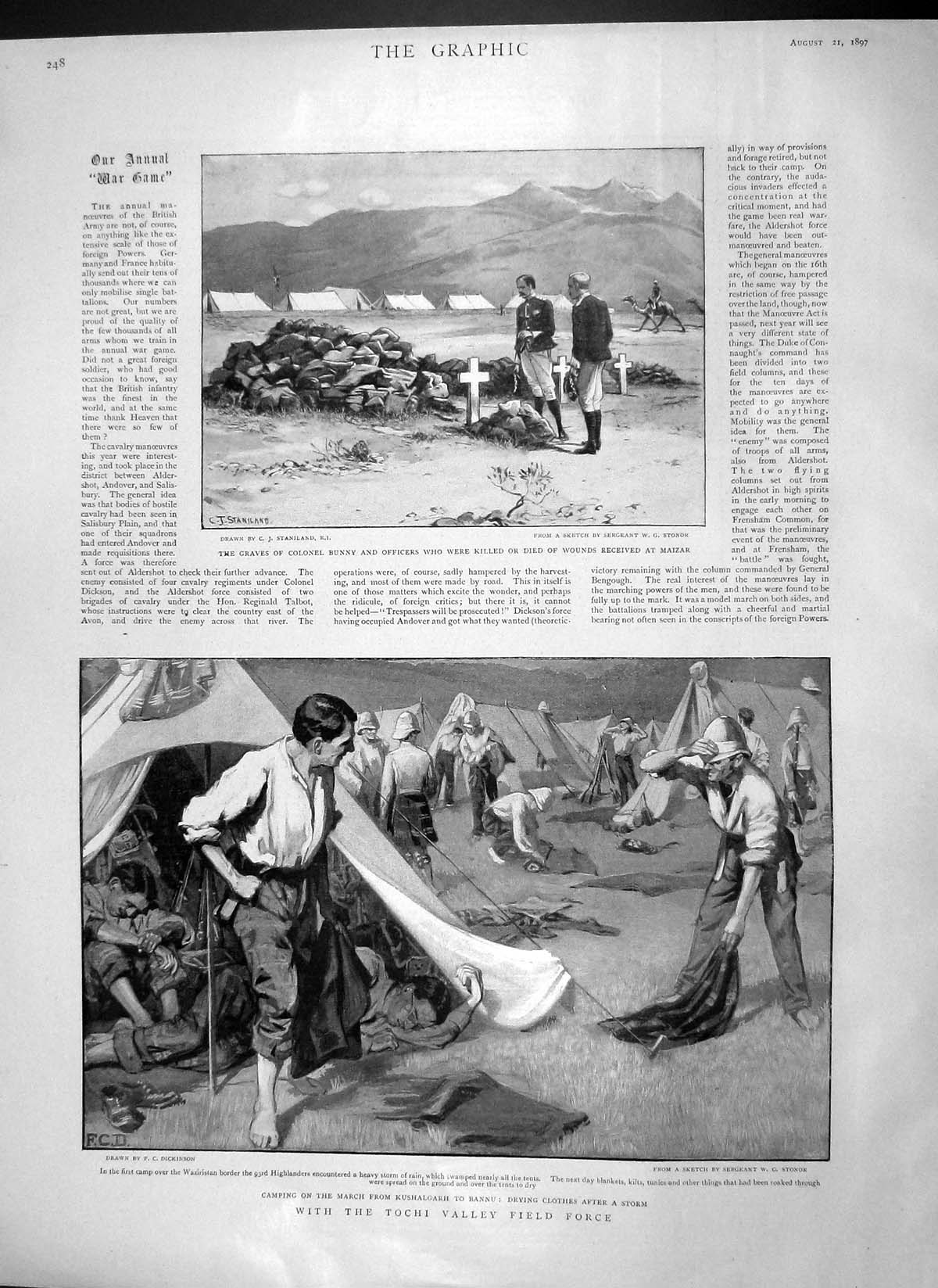 Old Antique Print 1897 Graves Colonel Bunny Maizar War Tochi Valley War 19th
