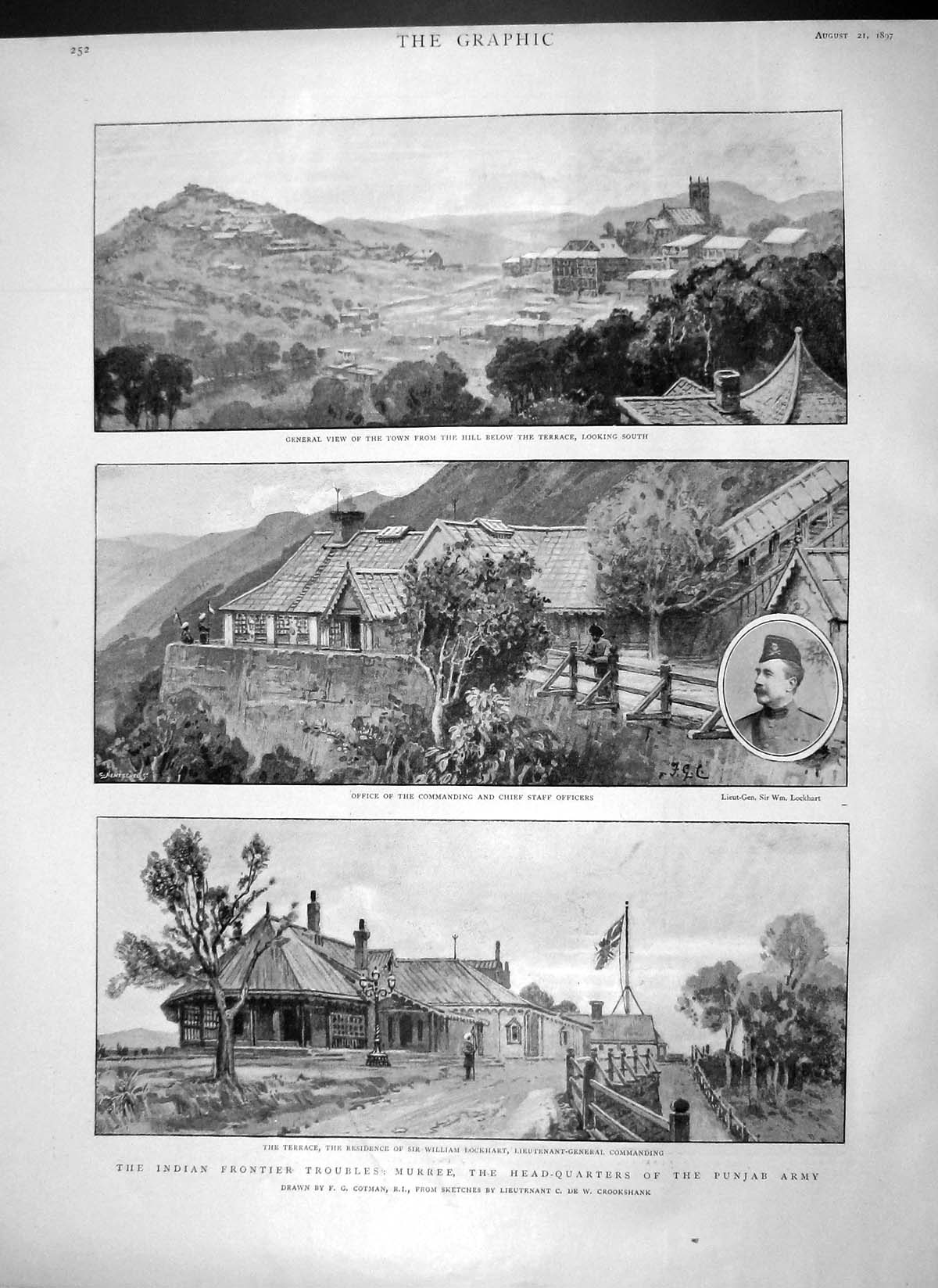 Old Antique Print 1897 Indian Frontier Murree Punjab Army Lockhart Office 19th
