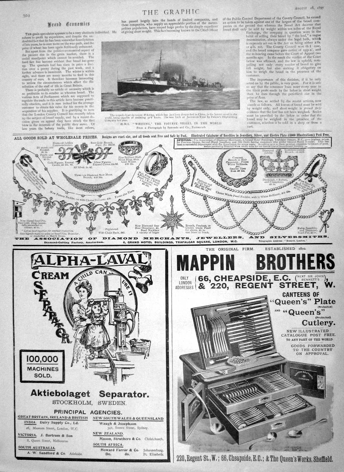 Original Old Antique Print 1897 Mappin Alpha-Laval Ship Whiting Torpedo Boat