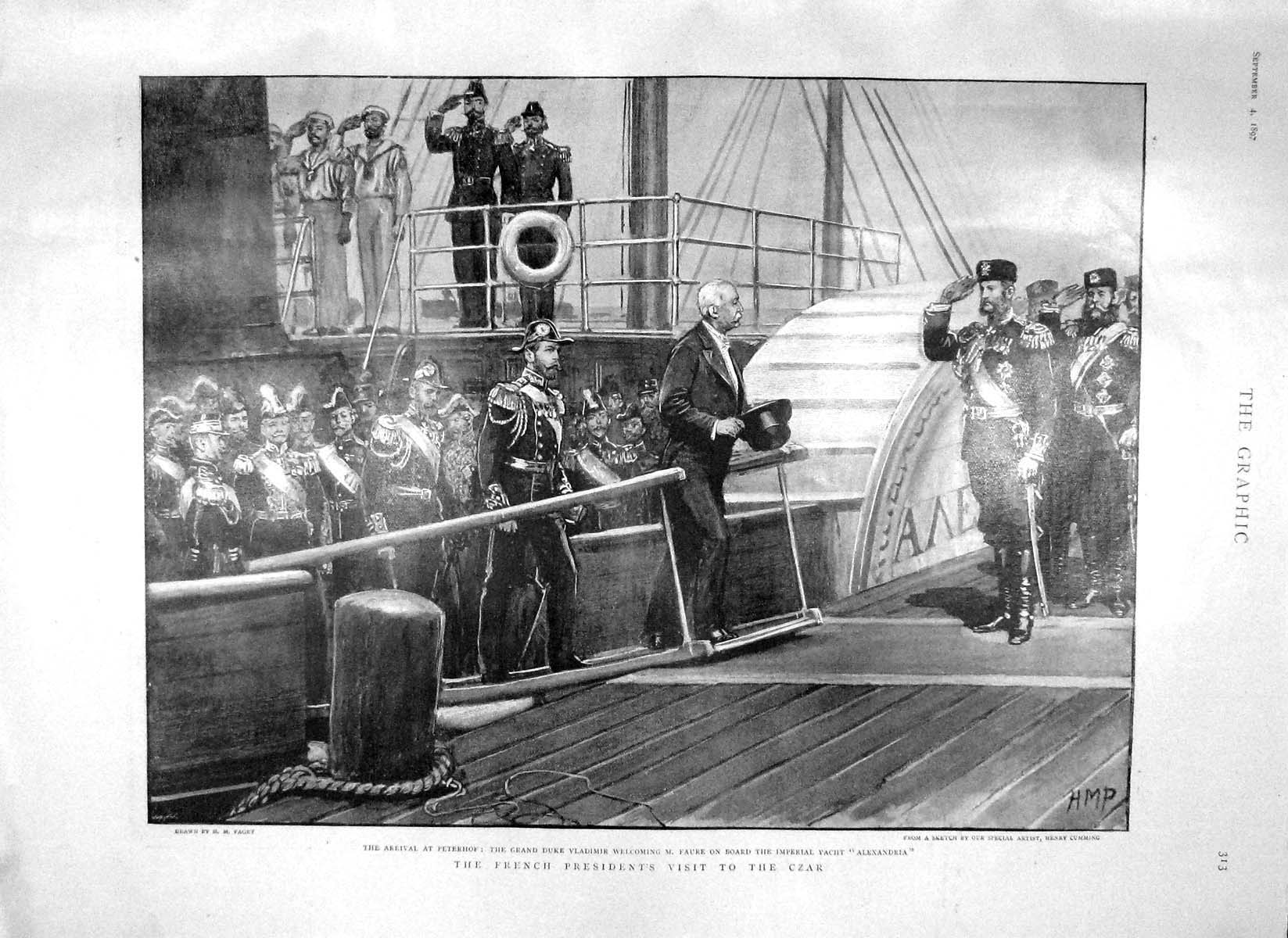 Original Old Antique Print 1897 Peterhgrand Duke Vladimir Alexandria Ship Czar