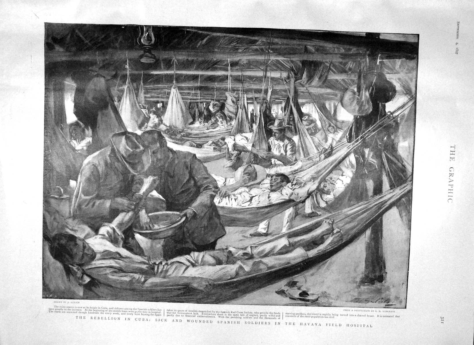 Original Old Antique Print 1897 Cuba Sick Wounded Spanish Siers Havana Hospital