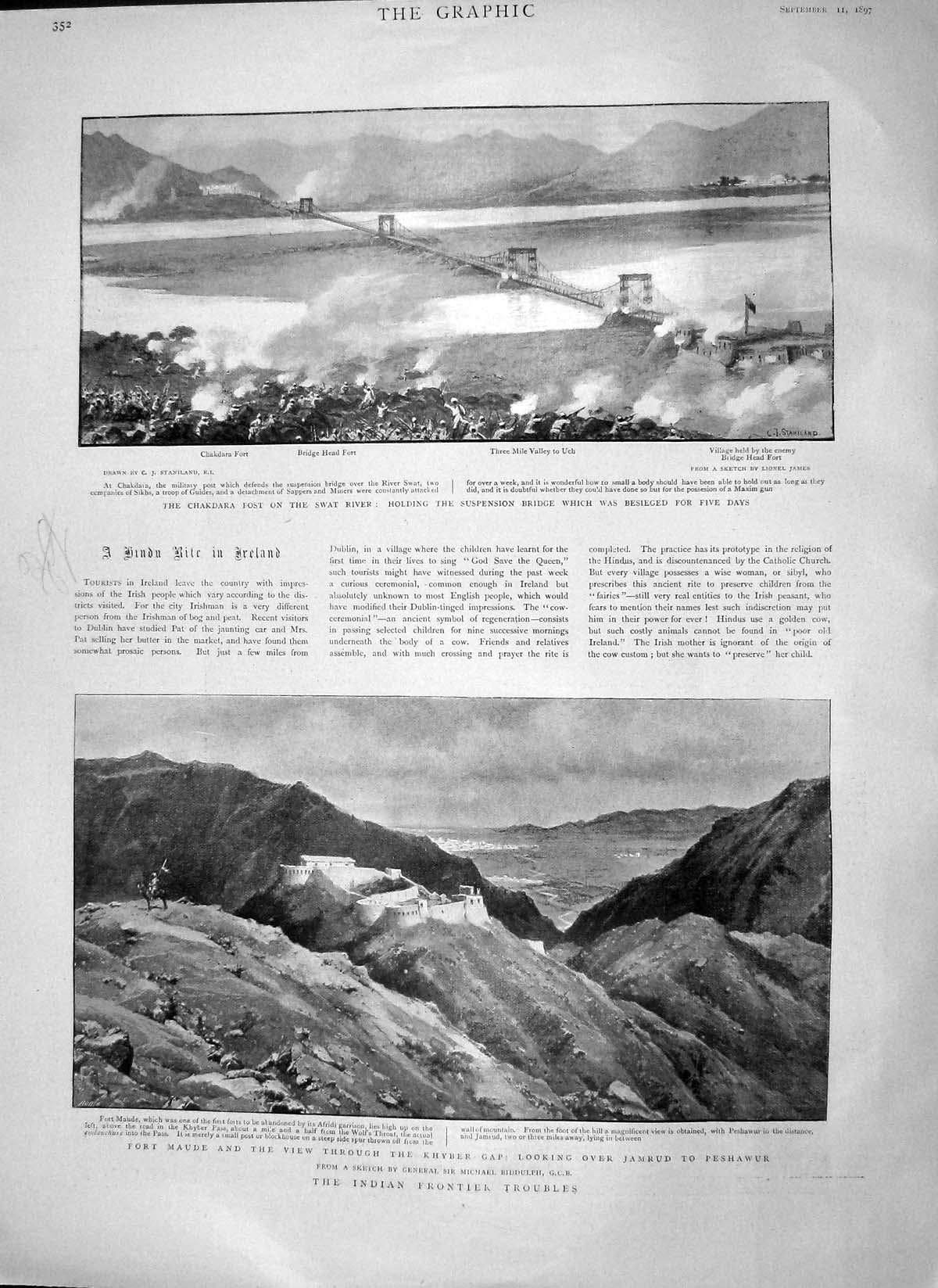 Original Old Antique Print 1897 Indian Frontier Chakdara Fort Swat River Khyber