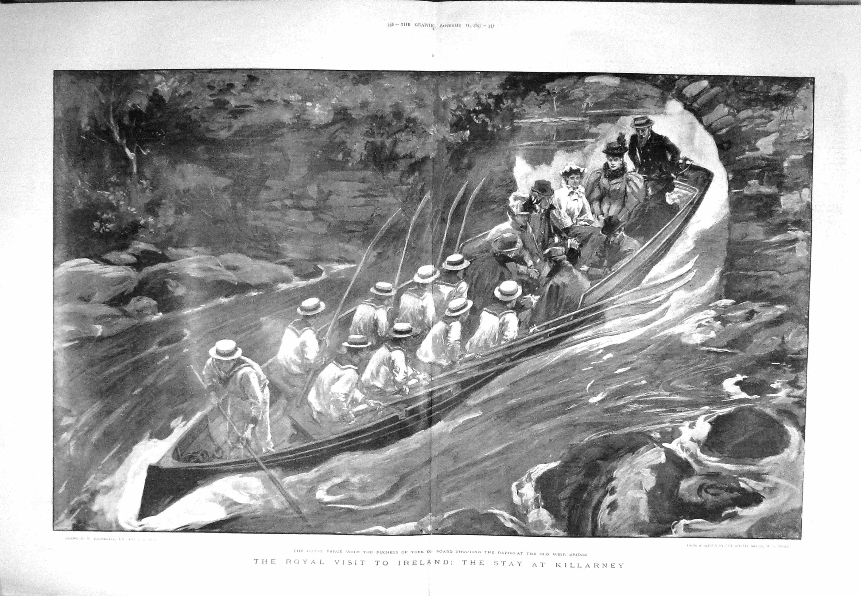 Old Antique Print 1897 Ireland Duchess York Royal Barge Killarney Weir 19th
