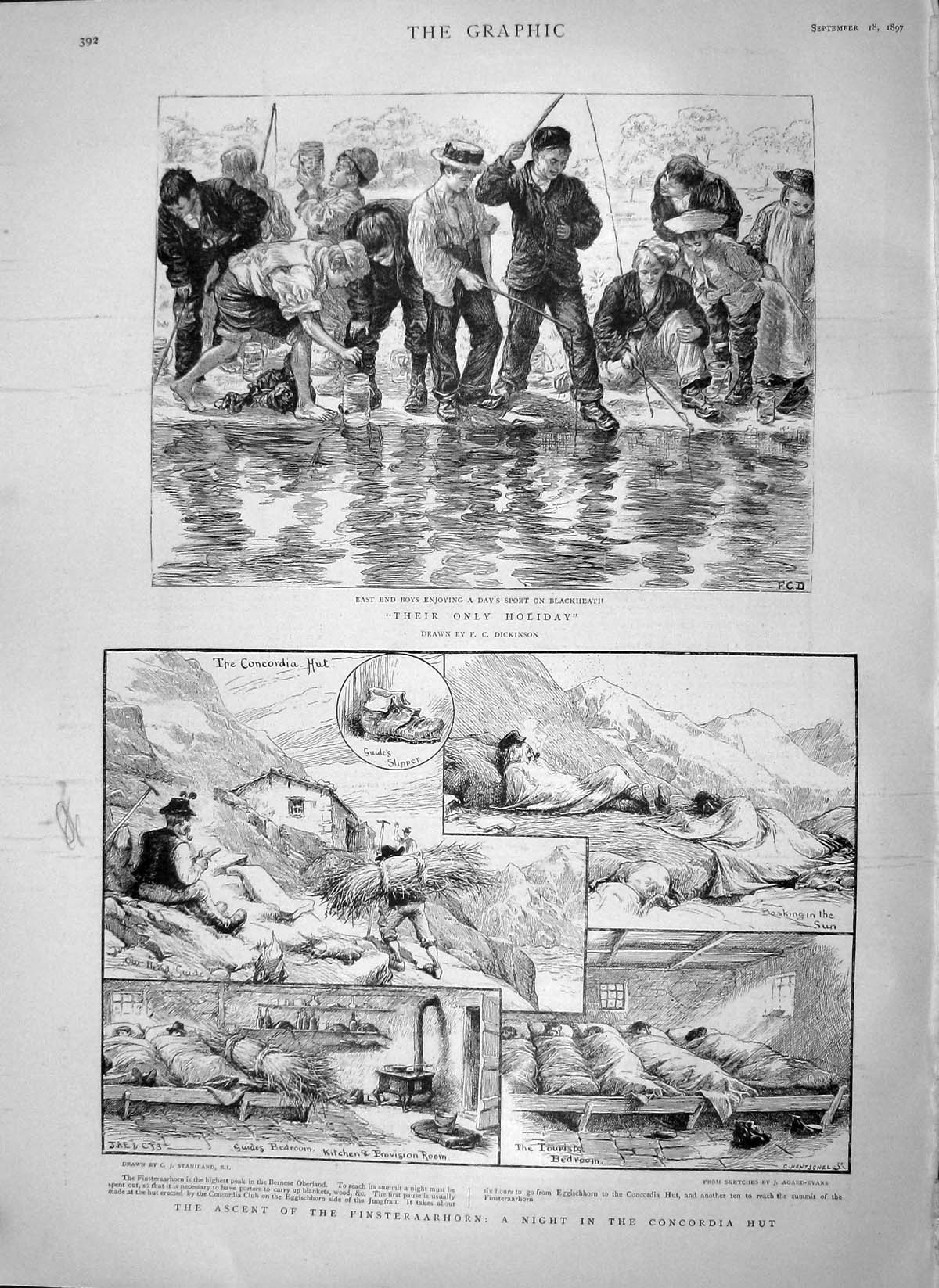 Old Antique Print 1897 Finsteraarhorn Concordia Hut East End Boys Sport 19th
