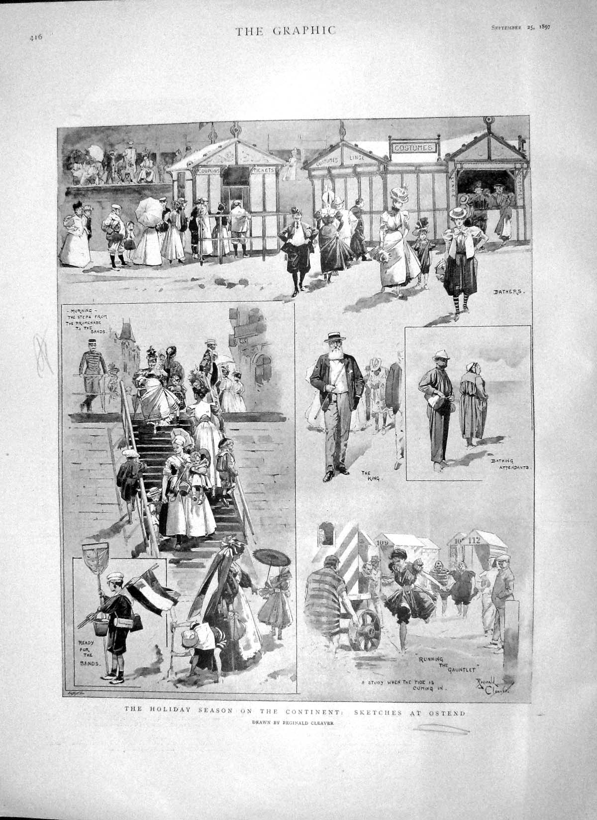 Original Old Antique Print 1897 Holiday Season Continent Ostend Seaside Beach