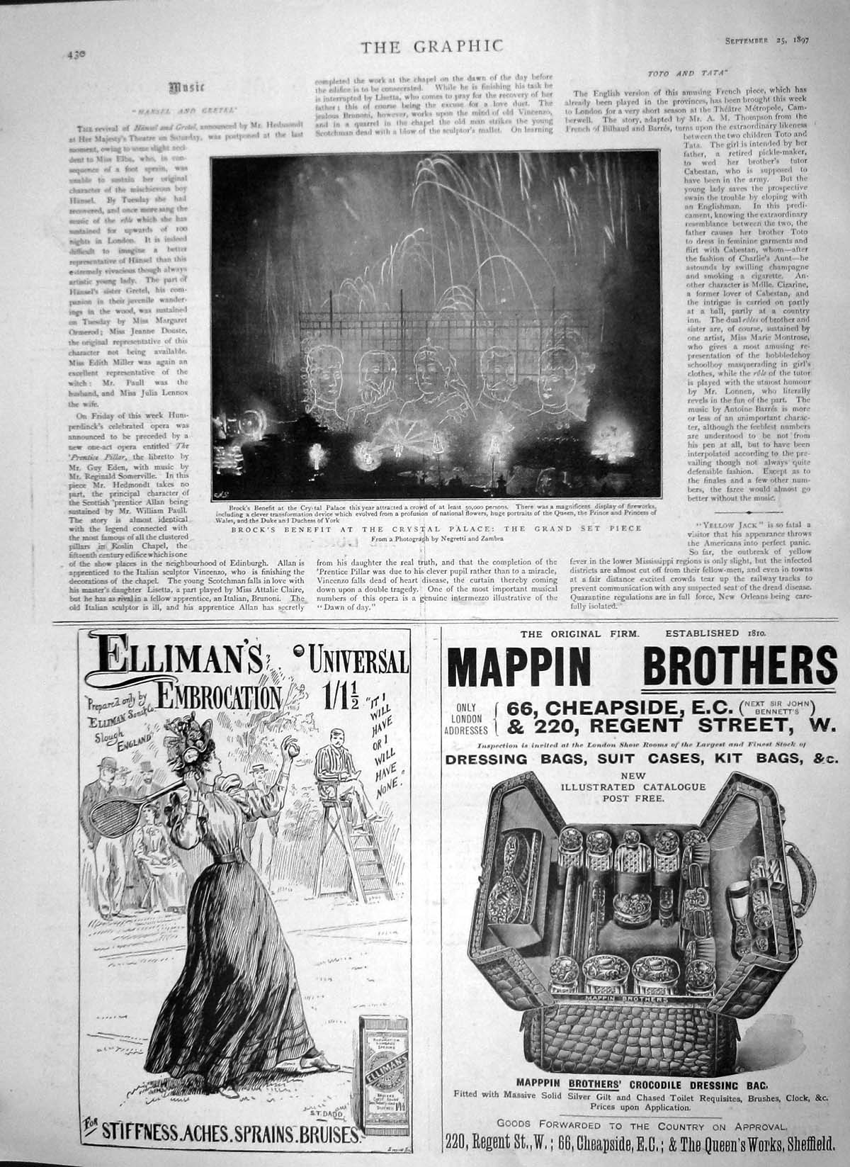 Old Antique Print 1897 Brock Crystal Palace Mappin Ellimans Embrocation 19th