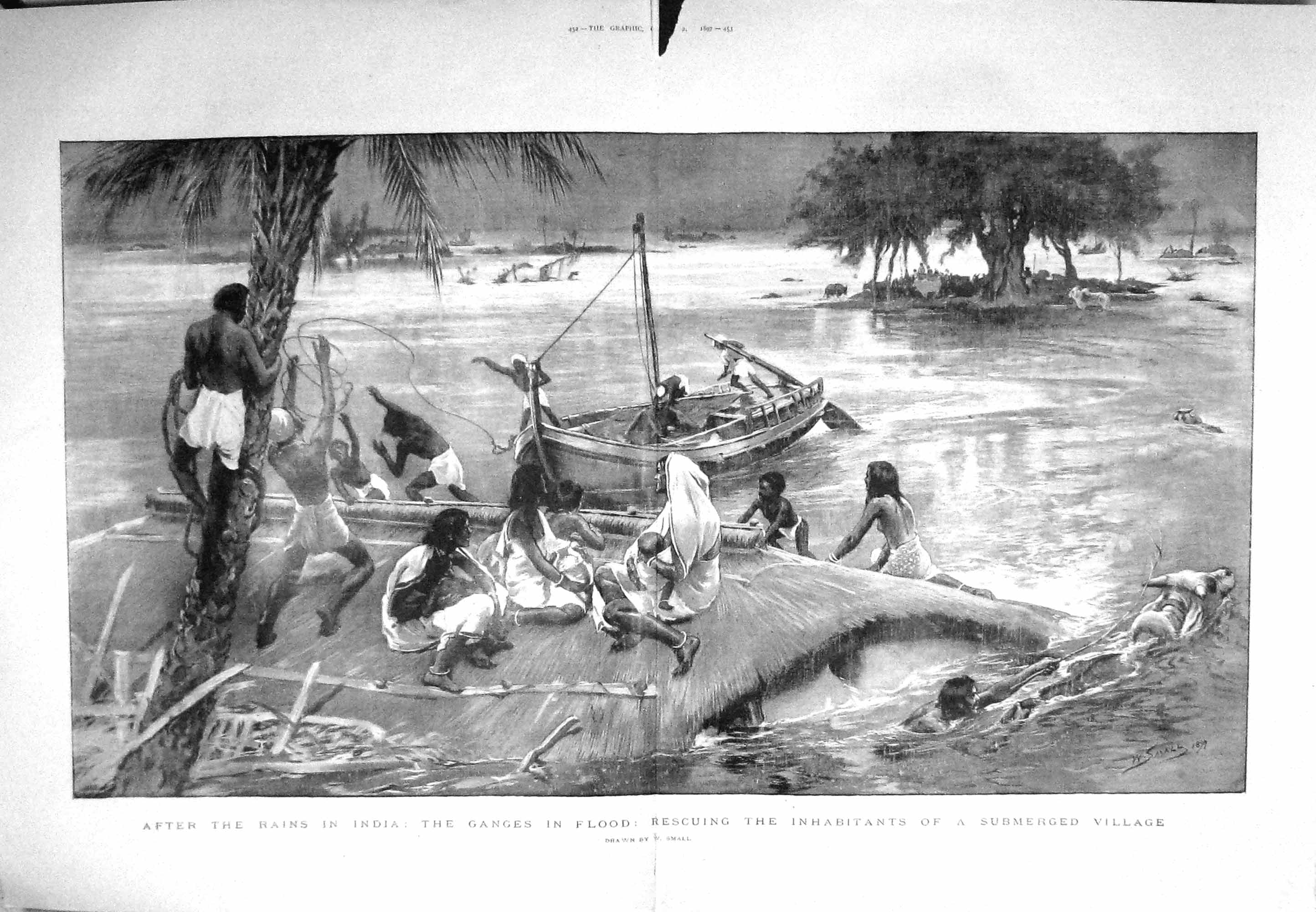 Old Antique Print 1897 Rain India River Ganges Flood Submerged Village 19th
