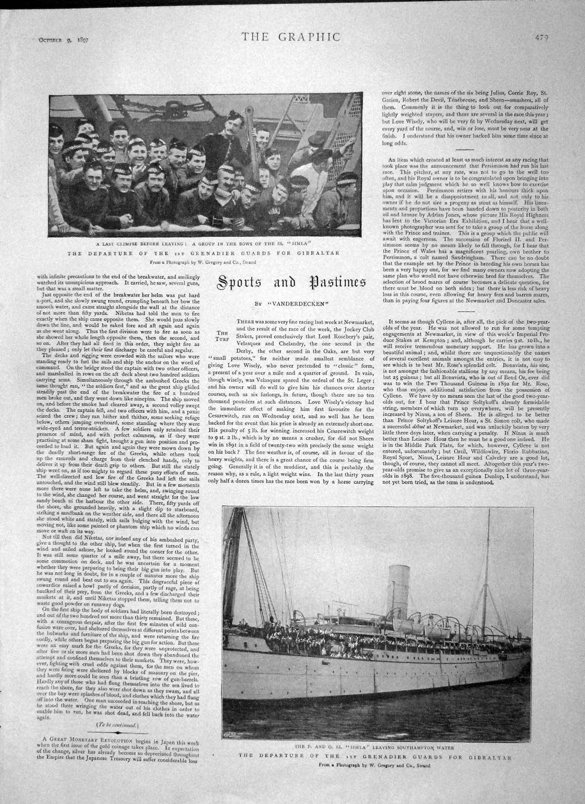 Old Antique Print 1897 P And O Ship S.S. Simla Grenadier Guards Gibraltar 19th