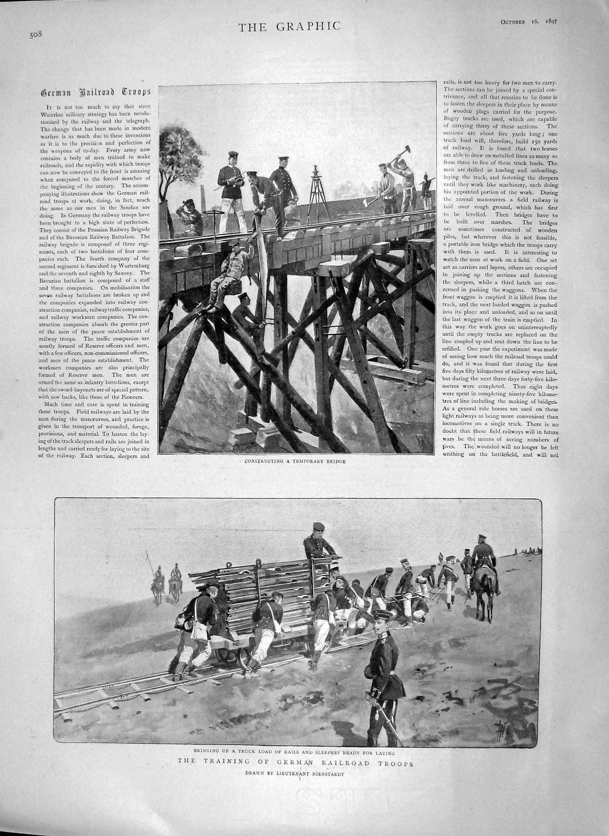 Old Antique Print 1897 German Railroad Troops Constructing Bridge Rails 19th