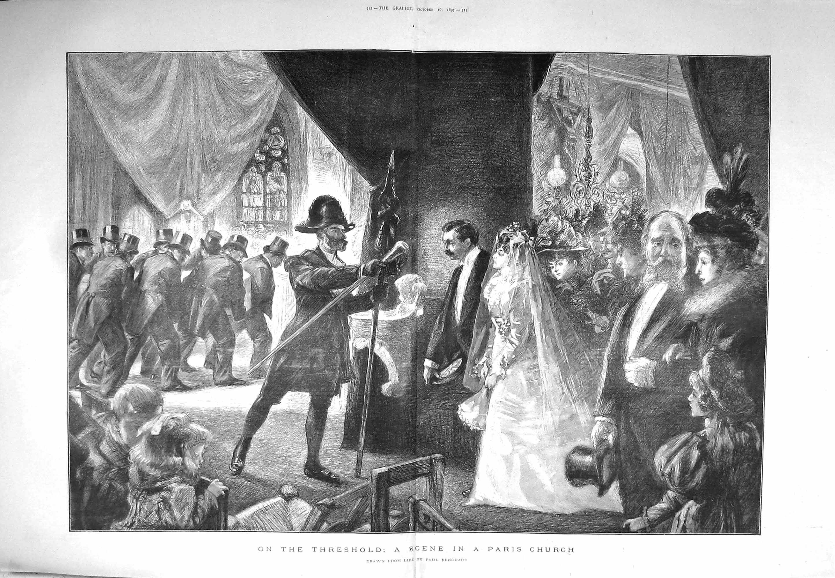 Original Old Antique Print 1897 Scene Parish Church Wedding Bride Groom Thresh5