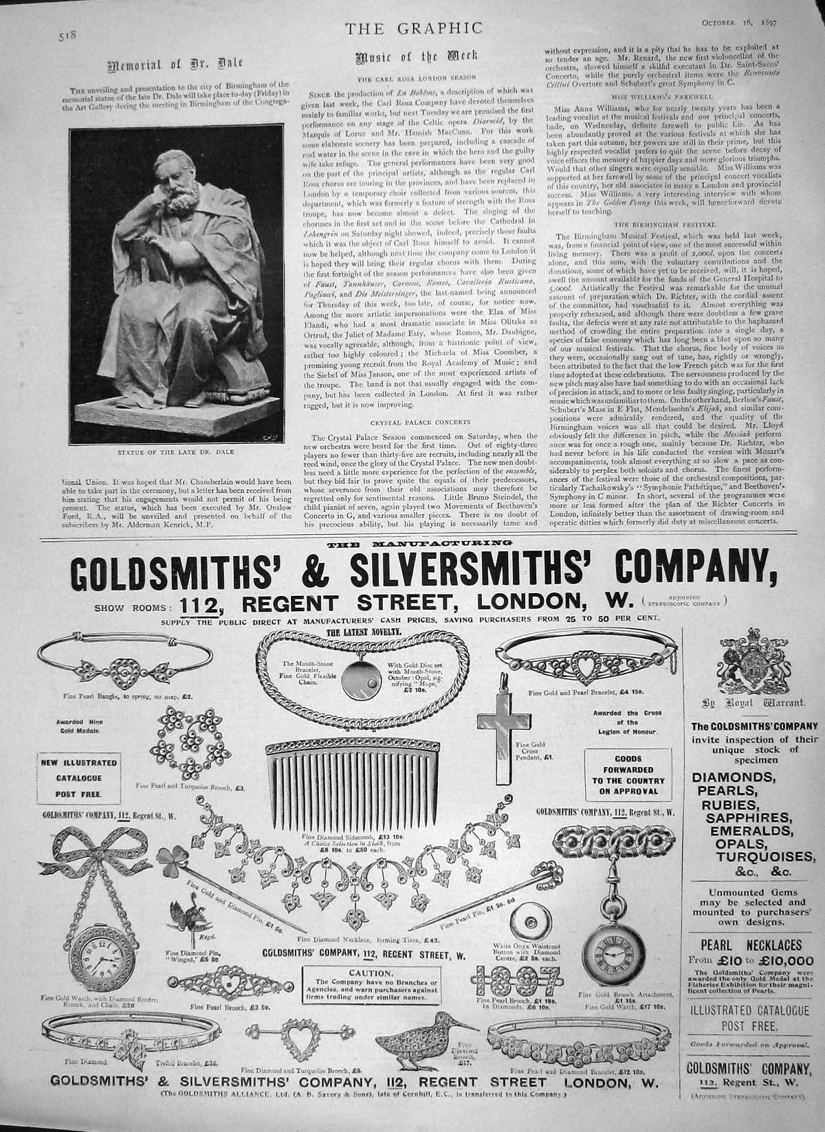Original Old Antique Print 1897 Statue Dr. Dale Gsmith Silversmith Jewellers