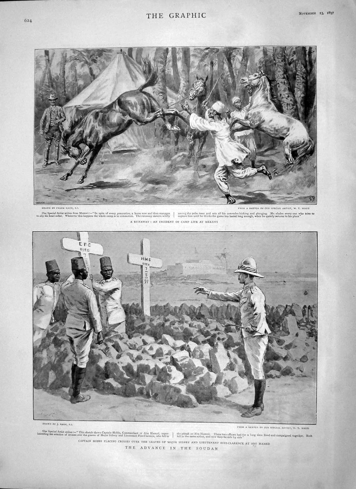 Original Old Antique Print 1897 Soudan Hobbs Sidney Merawi War Field Telegraph