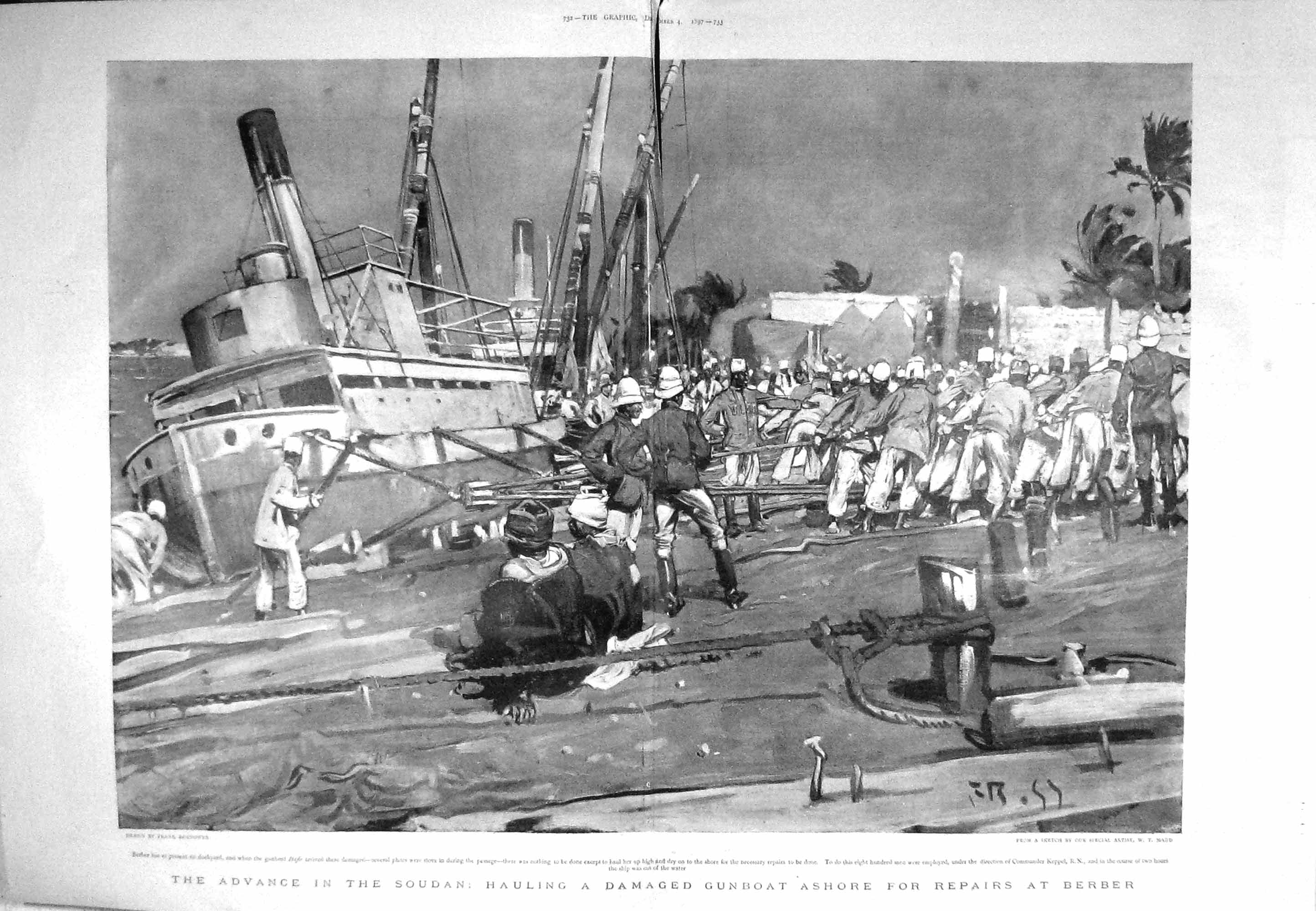Original Old Antique Print 1897 Damaged Soudan Gunboat Hafir War Berber 19th