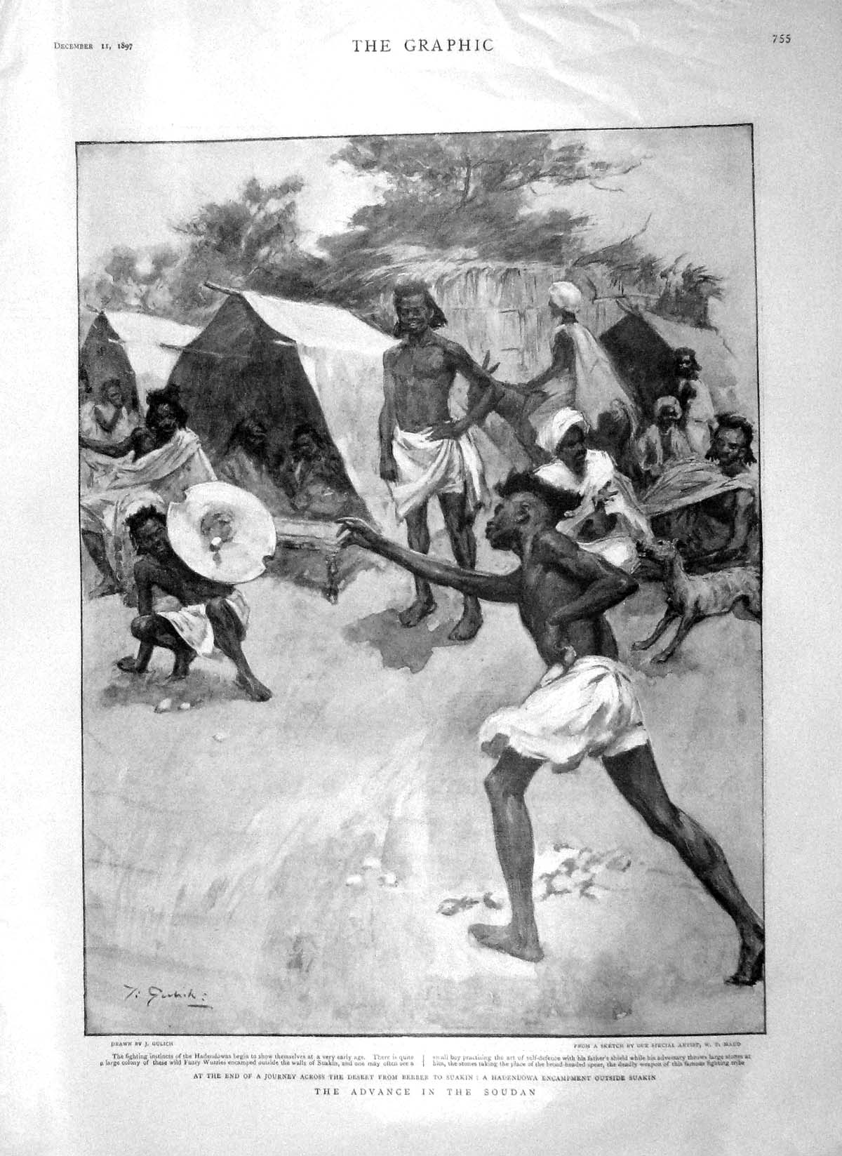 Original Old Antique Print 1897 Soudan Hadendowa Camp Suakin Paul'S Cathedral