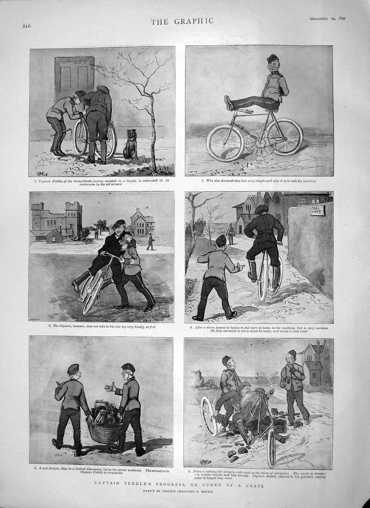 Original Old Antique Print 1897 Captain Peddle Sier Bicycle Comedy Scene 19th