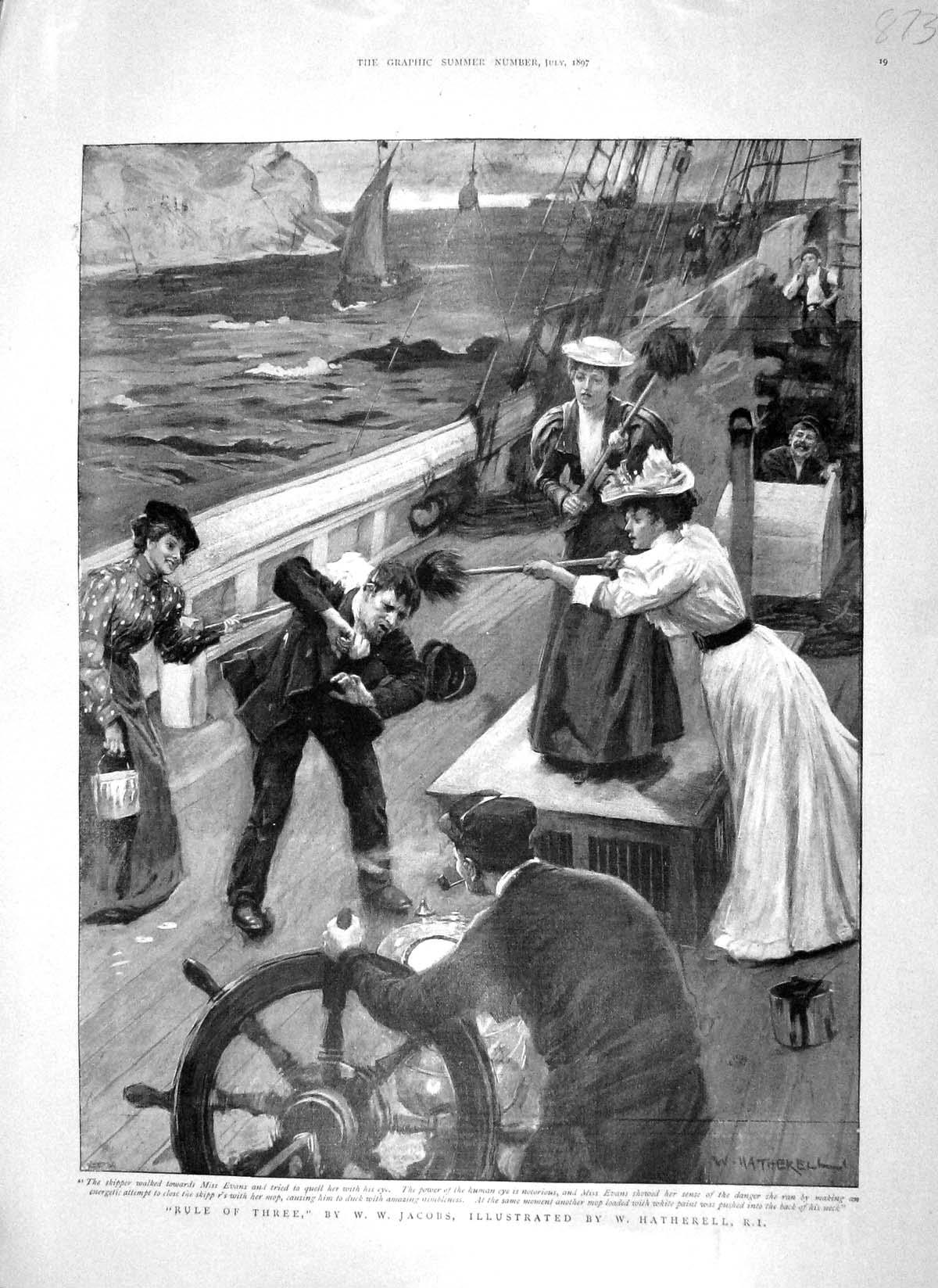 Original Old Antique Print 1897 Passengers Ship Skipper Miss Evans Wheel 19th