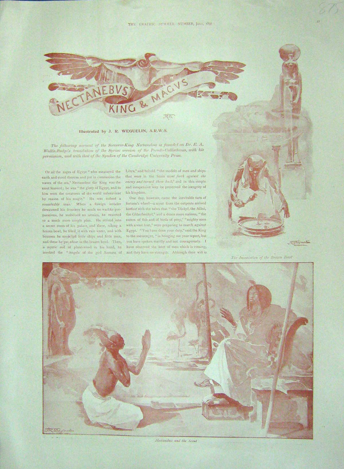 Original Old Antique Print 1897 Nectanebus Brazen Bowl Scout Olympias Colour