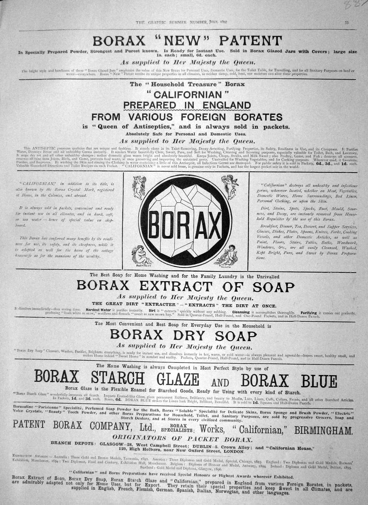 Old Antique Print 1897 Advertisement Borax Extract Soap Starch Birmingham 19th