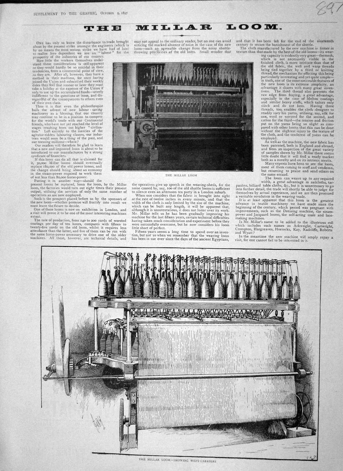 Original Old Antique Print 1897 Millar Weaving Loom Weft-Carriers Manufacture