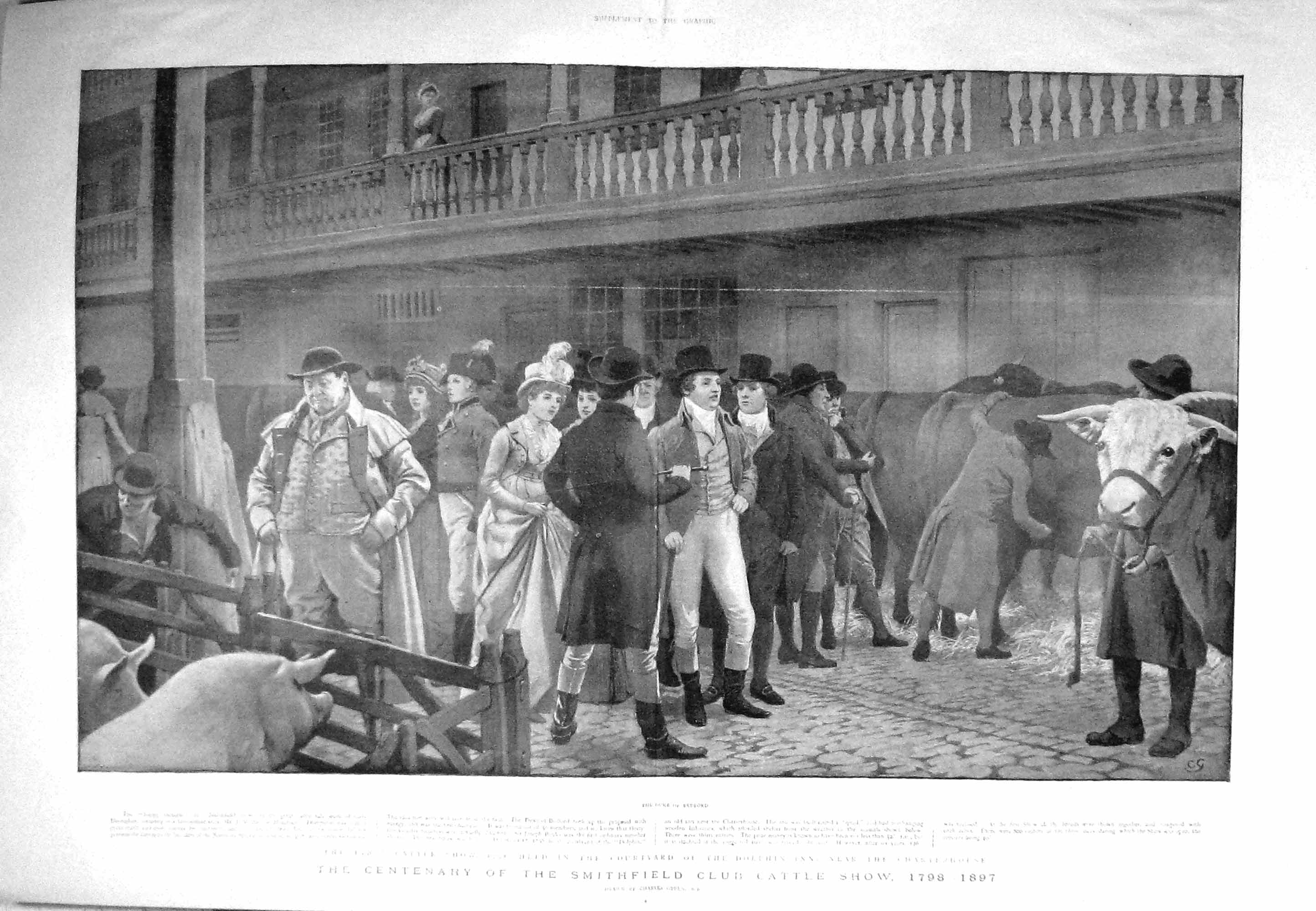 Old Antique Print 1897 Smithfield Club Cattle Show Dolphin Inn Courtyard 19th