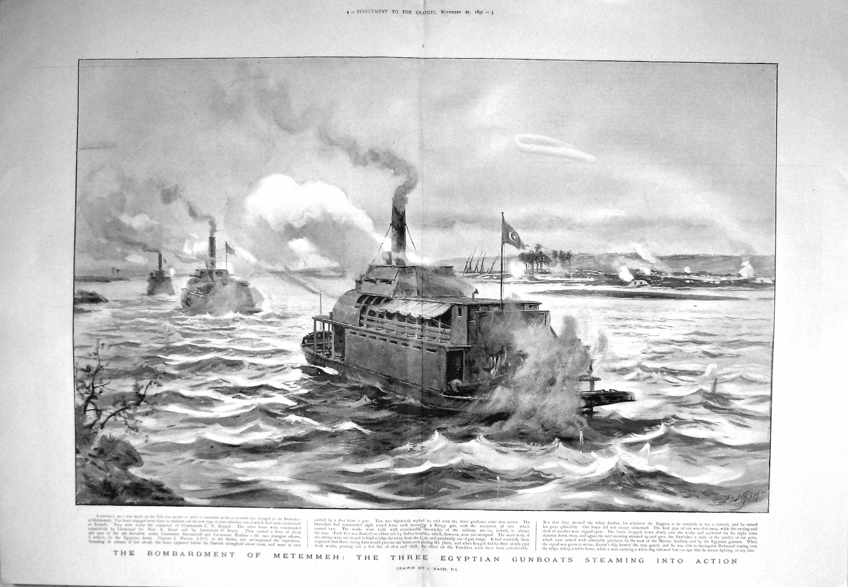 Old Antique Print 1897 Bombardment Metemmeh Egyptian Gunboats War Ships 19th