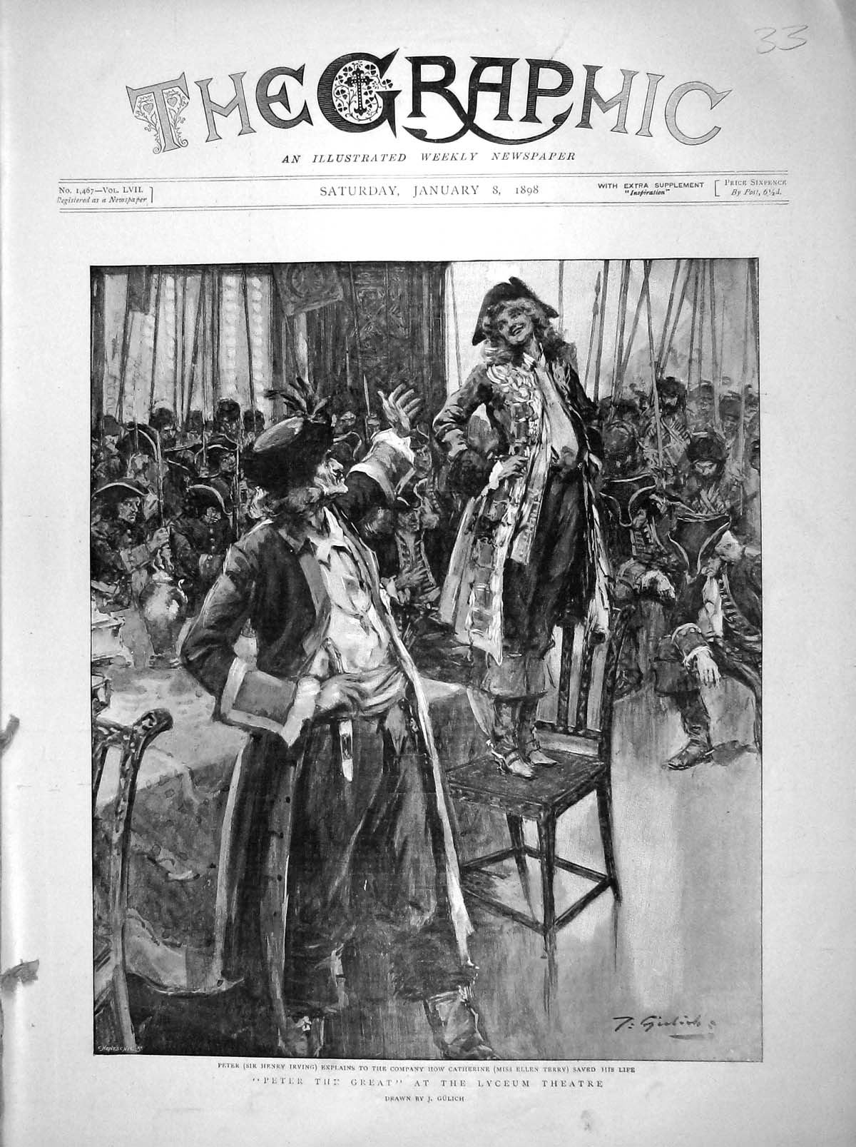 Original Old Antique Print 1898 Peter Great Lyceum Theatre Ellen Terry Irving