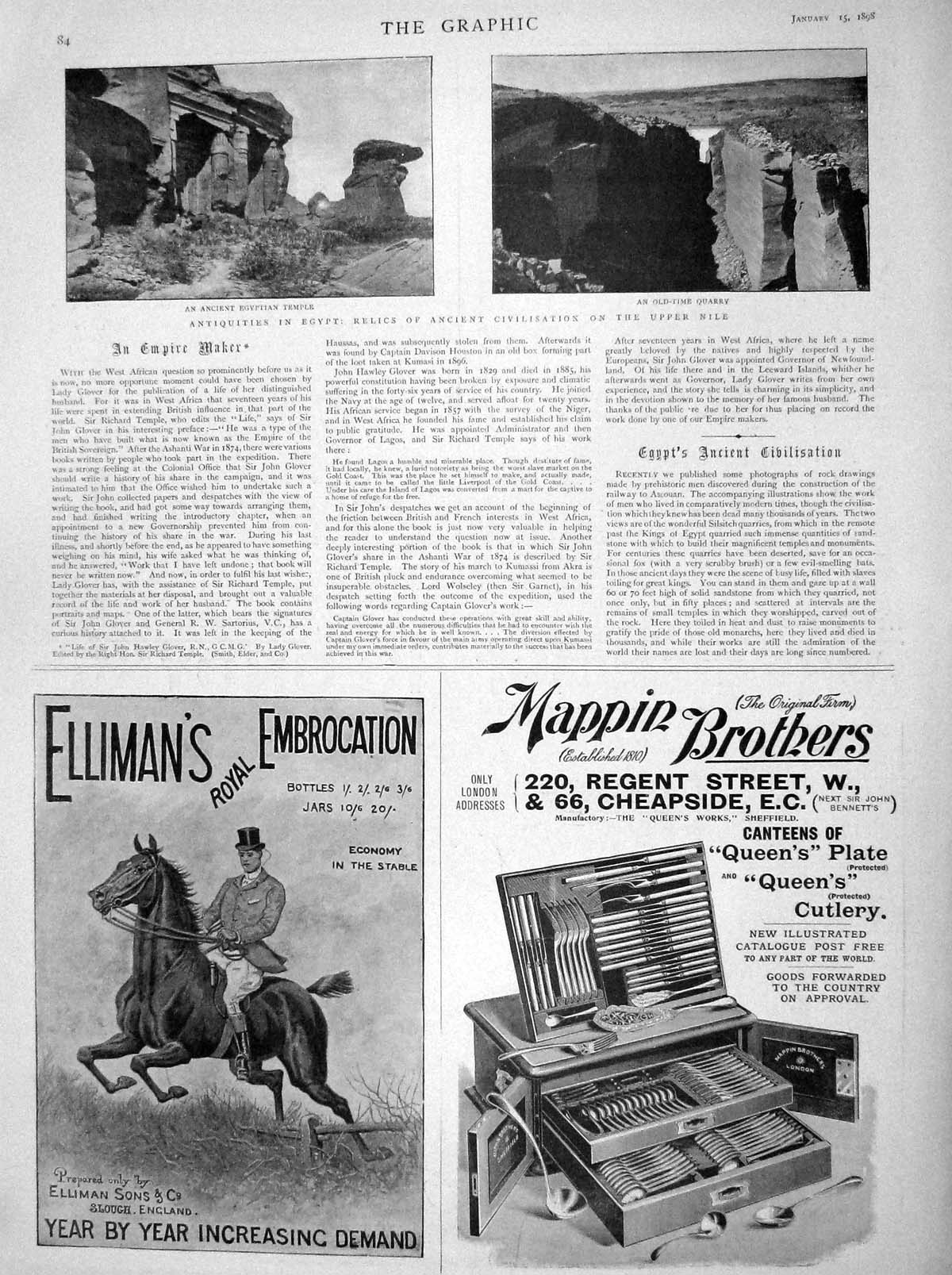 Original Old Antique Print 1898 Egypt Temple Quarry Antiquities Nile Ellimans
