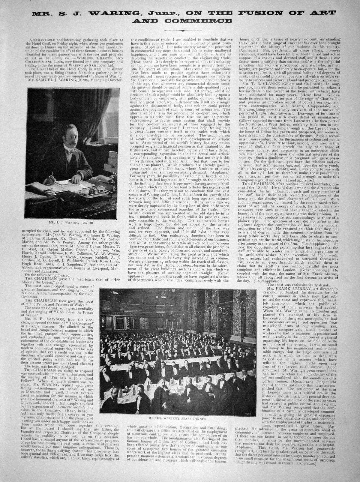 Original Old Antique Print 1898 Waring Junior Staff Dinner Fusion Art Commerce