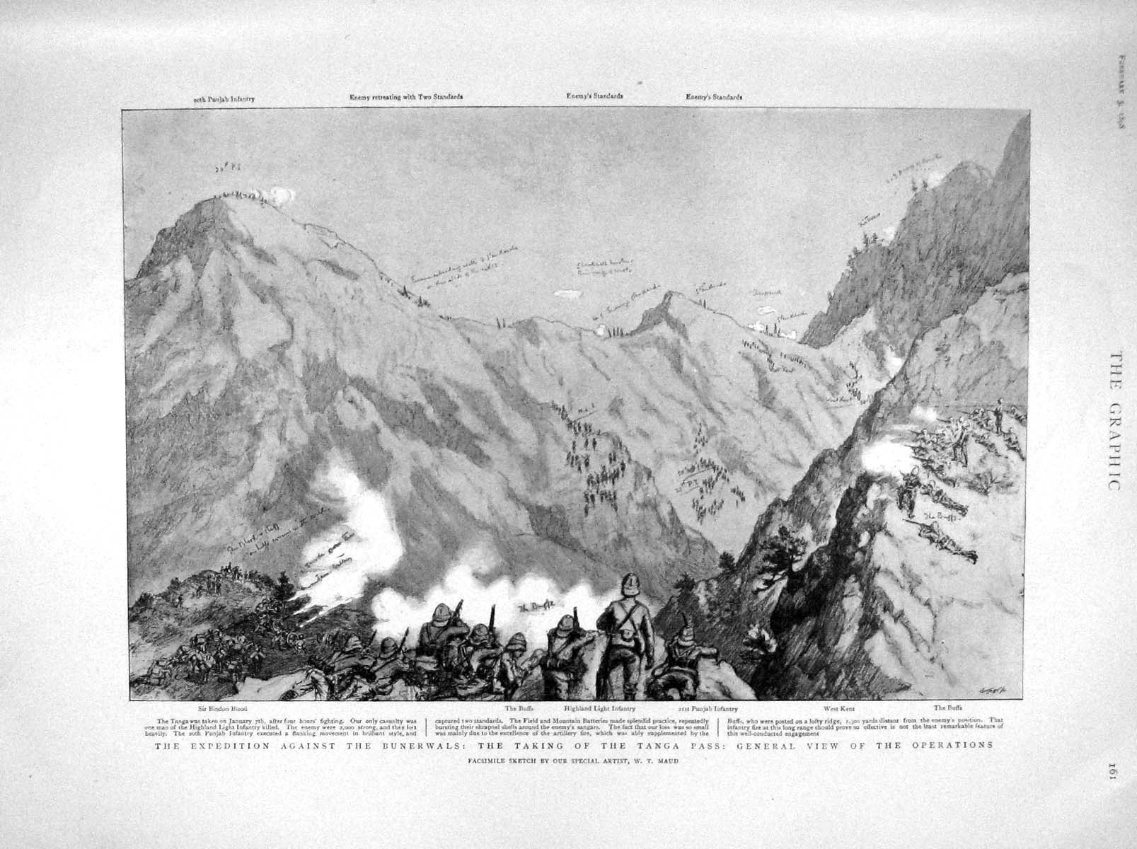 Original Old Antique Print 1898 Bunerwals Tanga Pass Havelock-Allan Punjaub War