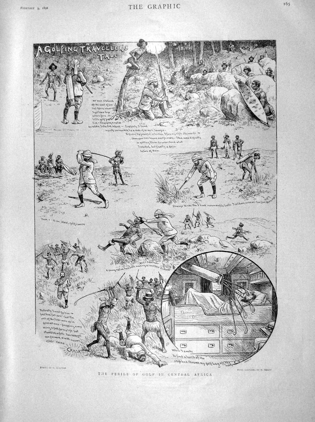 Original Old Antique Print 1898 Perils Golf Africa Sport Natives Comedy Scene