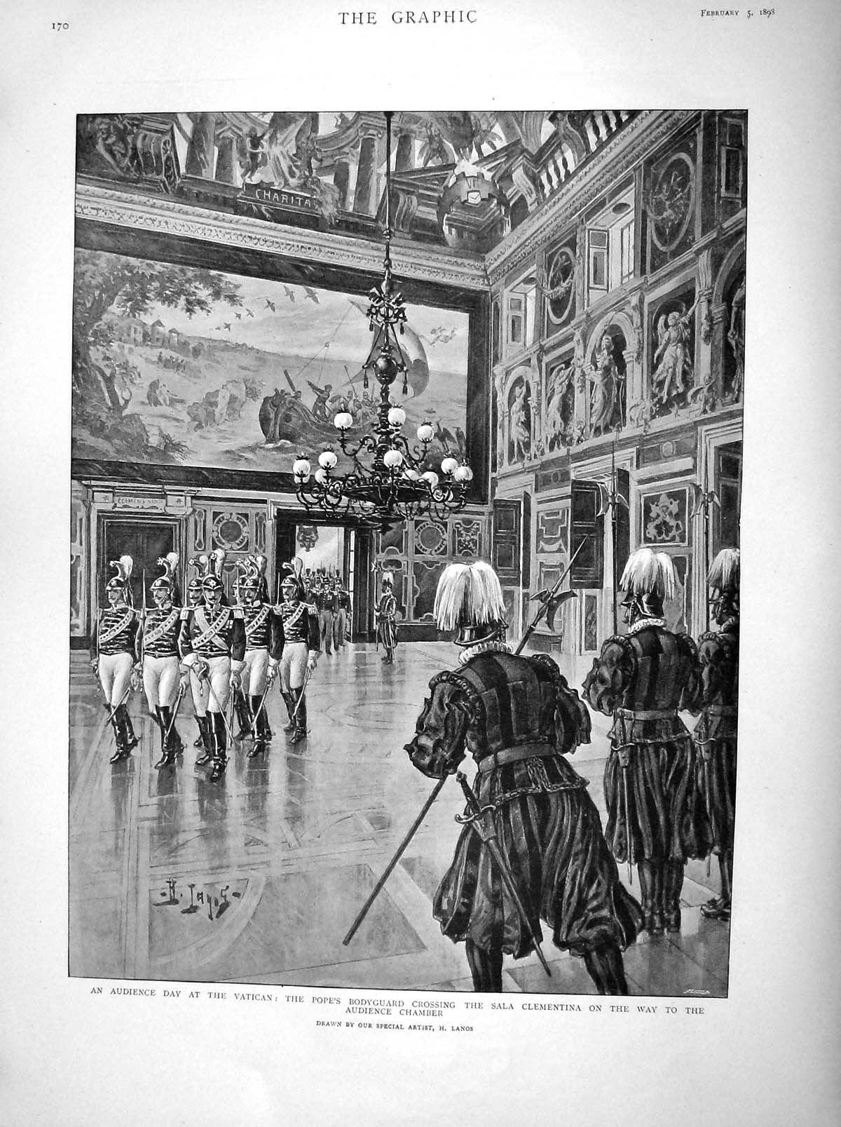 Original Old Antique Print 1898 Pope Pilgrims Vatican Sala Clementina Audience