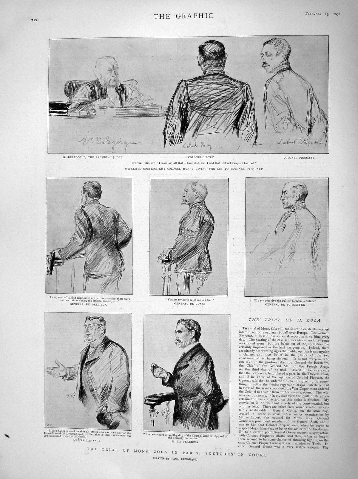 Original Old Antique Print 1898 Trial Mons Zola Paris Henry Picquart Pellieux