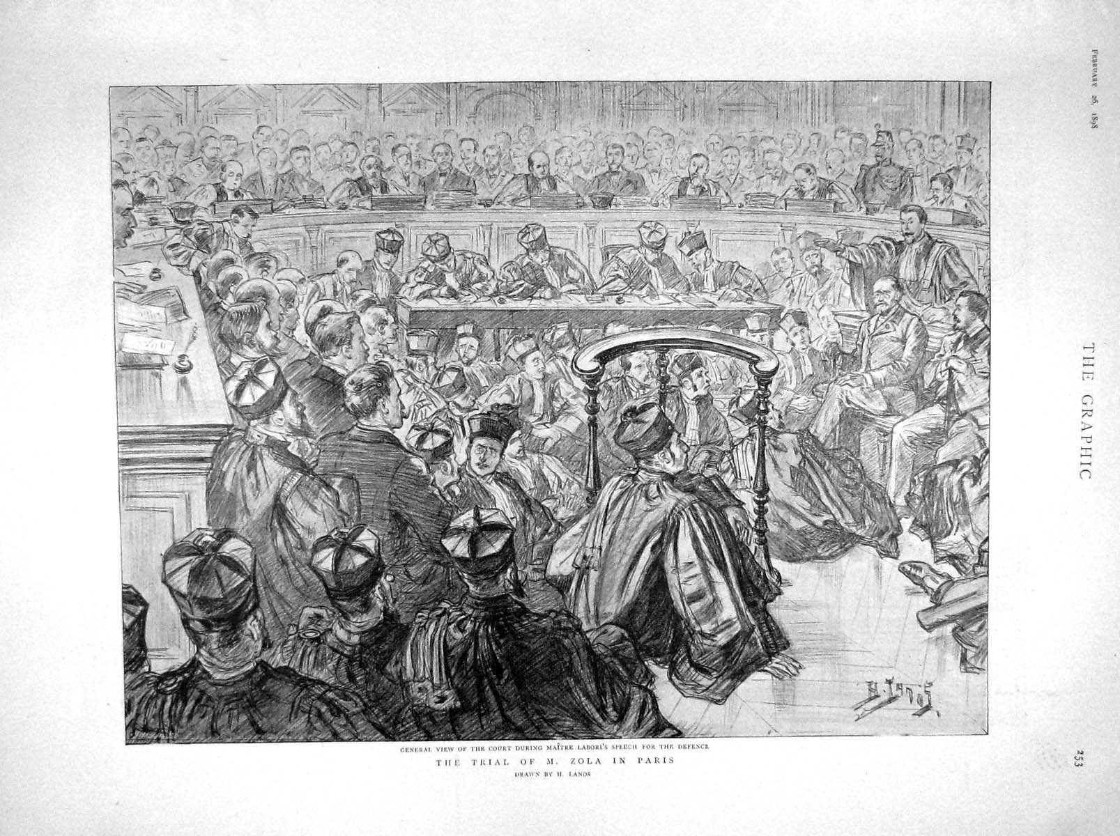 Original Old Antique Print 1898 Court Trial Zola Paris Maitre Labori Defence