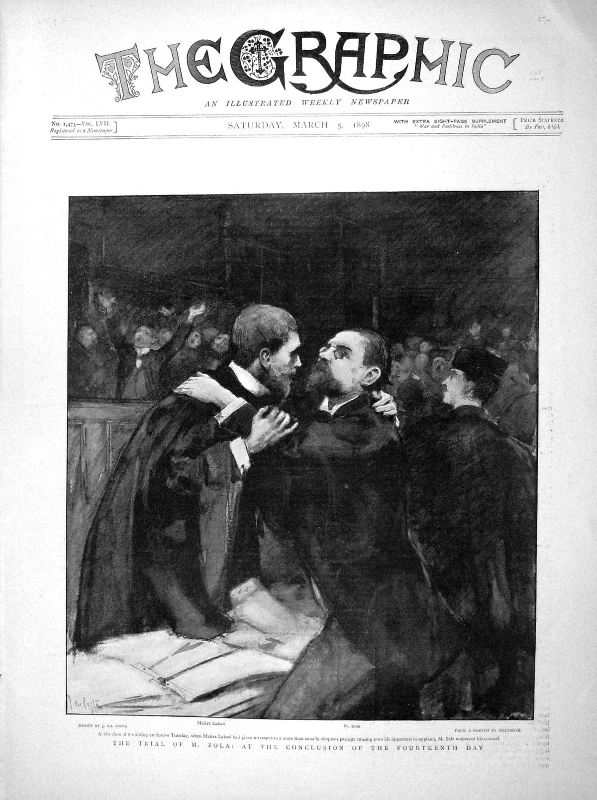 Original Old Antique Print 1898 Court Trial Zola Maitre Labori Scene Conclusion
