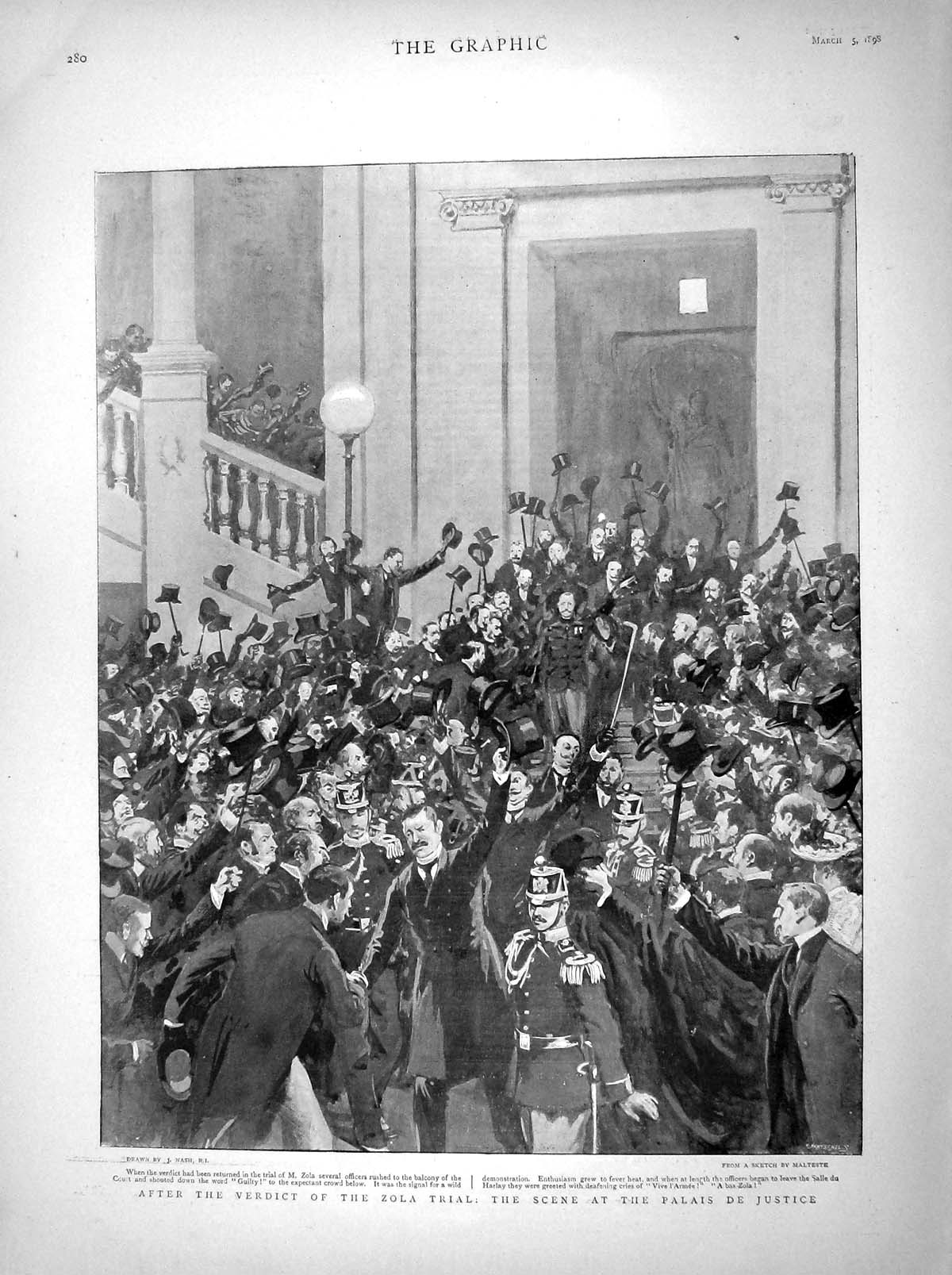 Old Antique Print 1898 Scene After Verdict Zola Trial Palais De Justice 19th