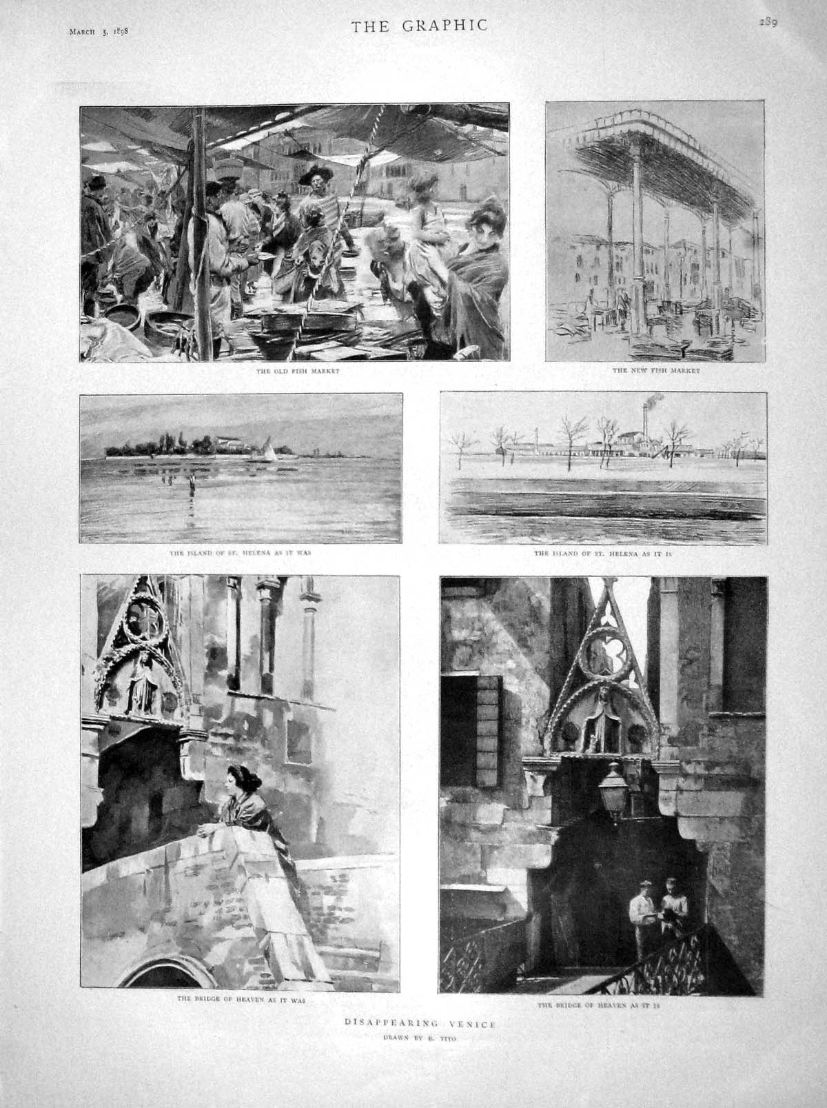 Old Antique Print 1898 Venice Fish Market Island St. Helena Bridge Heaven 19th