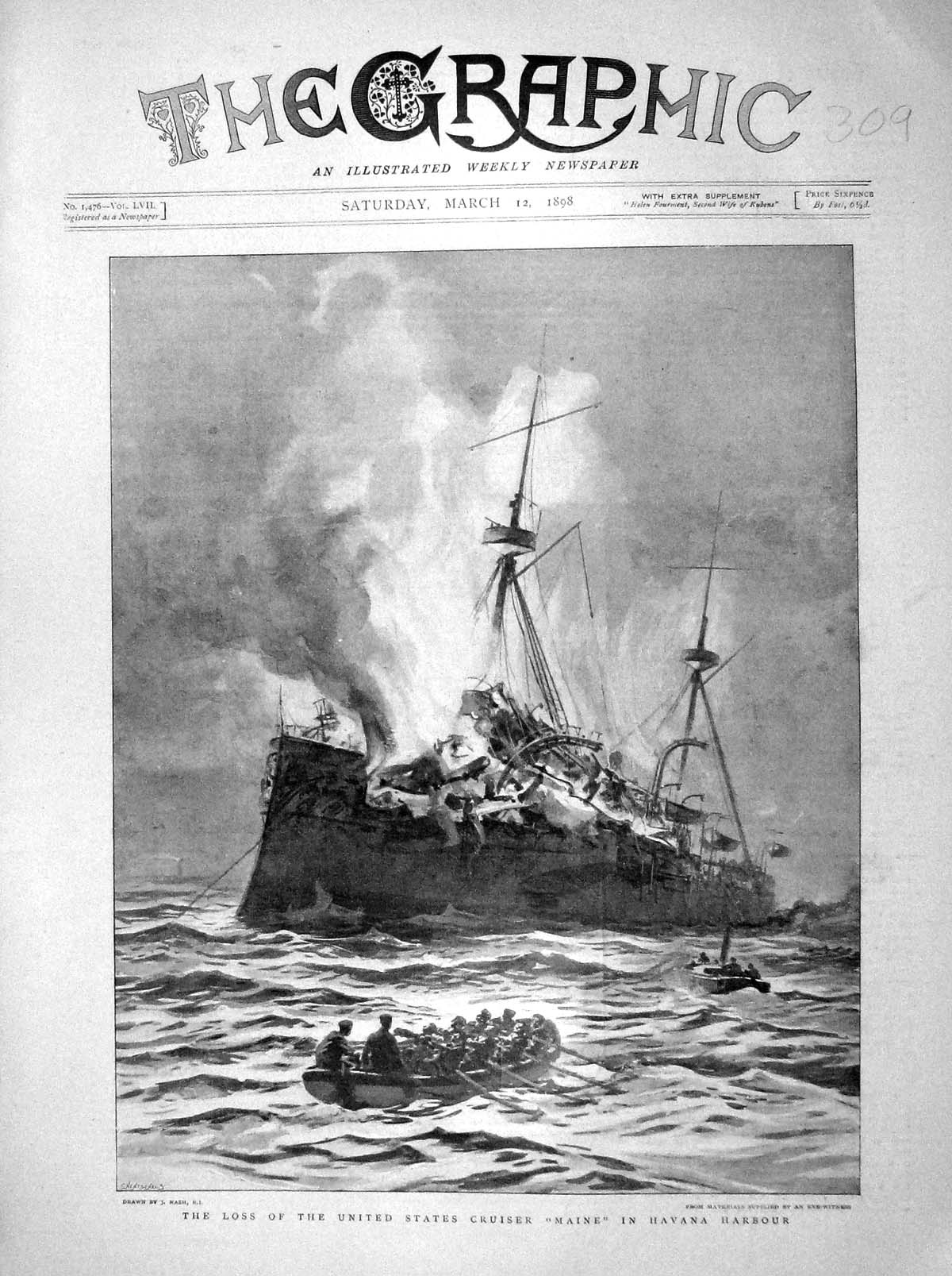 Original Old Antique Print 1898 Loss United States Cruiser Maine Ship Havana