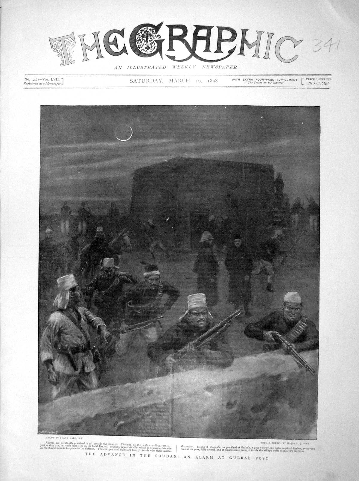 Original Old Antique Print 1898 Advance Soudan War Alarm Gulbab Post Siers 19th