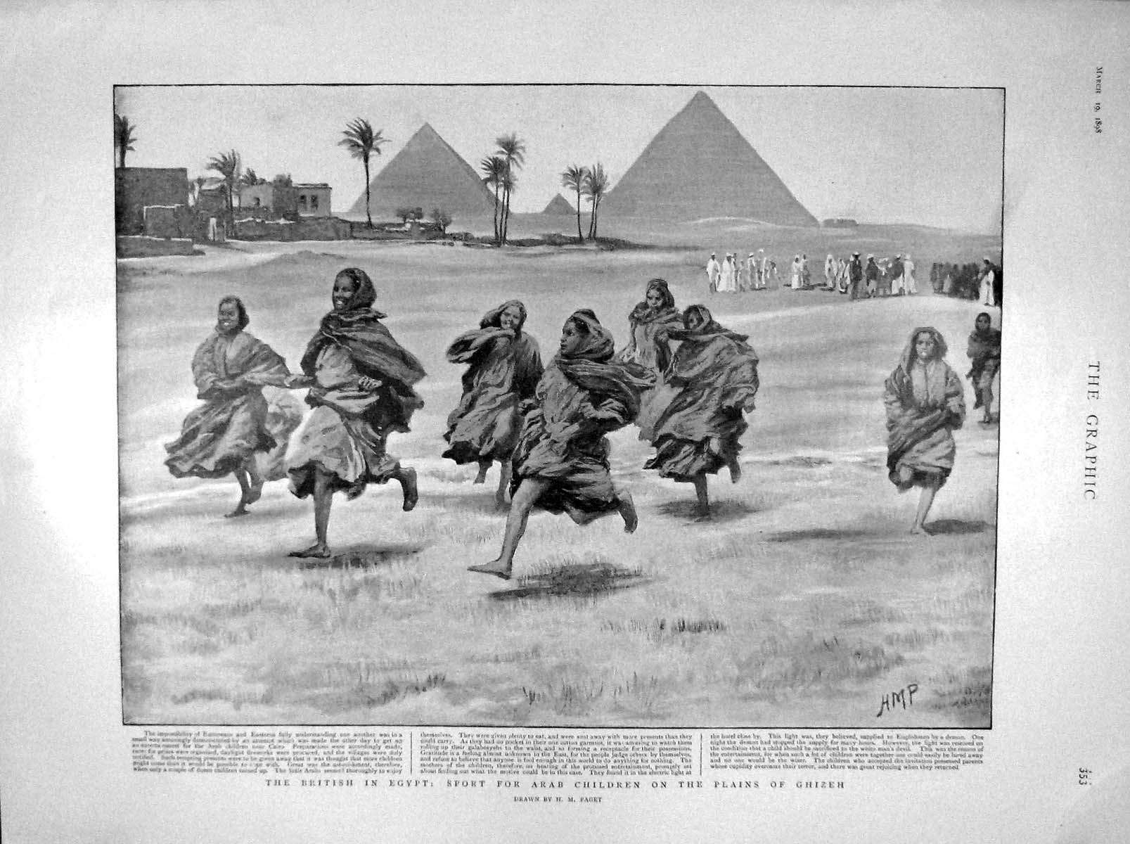 Old Antique Print 1898 British Egypt Sport Arab Children Ghizeh Thun Wood 19th