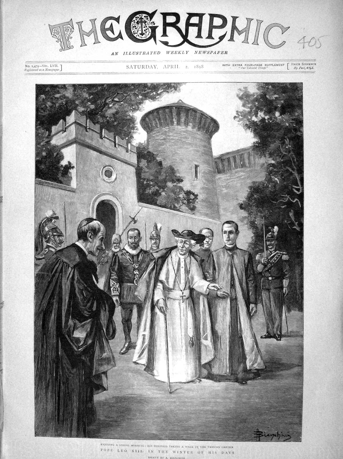 Old Antique Print 1898 Holiness Pope Leo Xiii Vatican Garden Rome Italy 19th