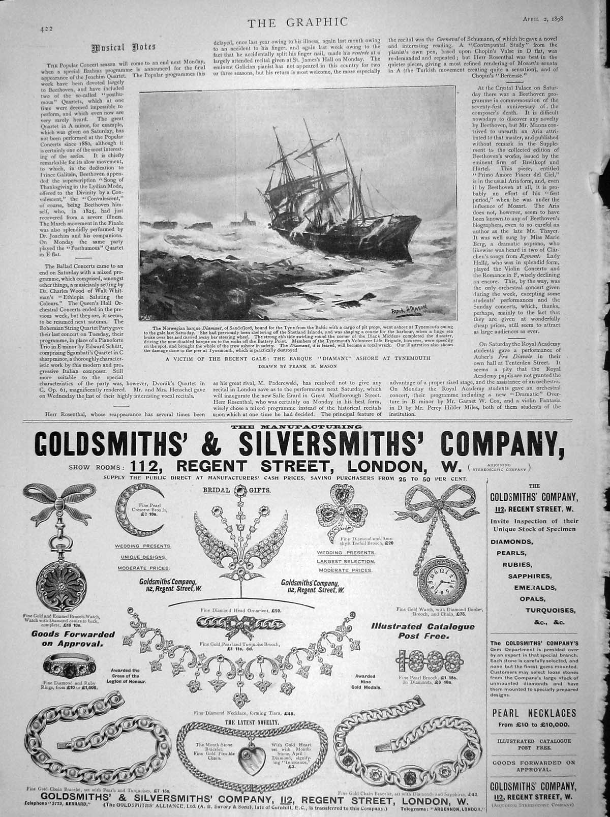Original Old Antique Print 1898 Barque Ship Storm Diamant Tynemouth Gsmith 19th