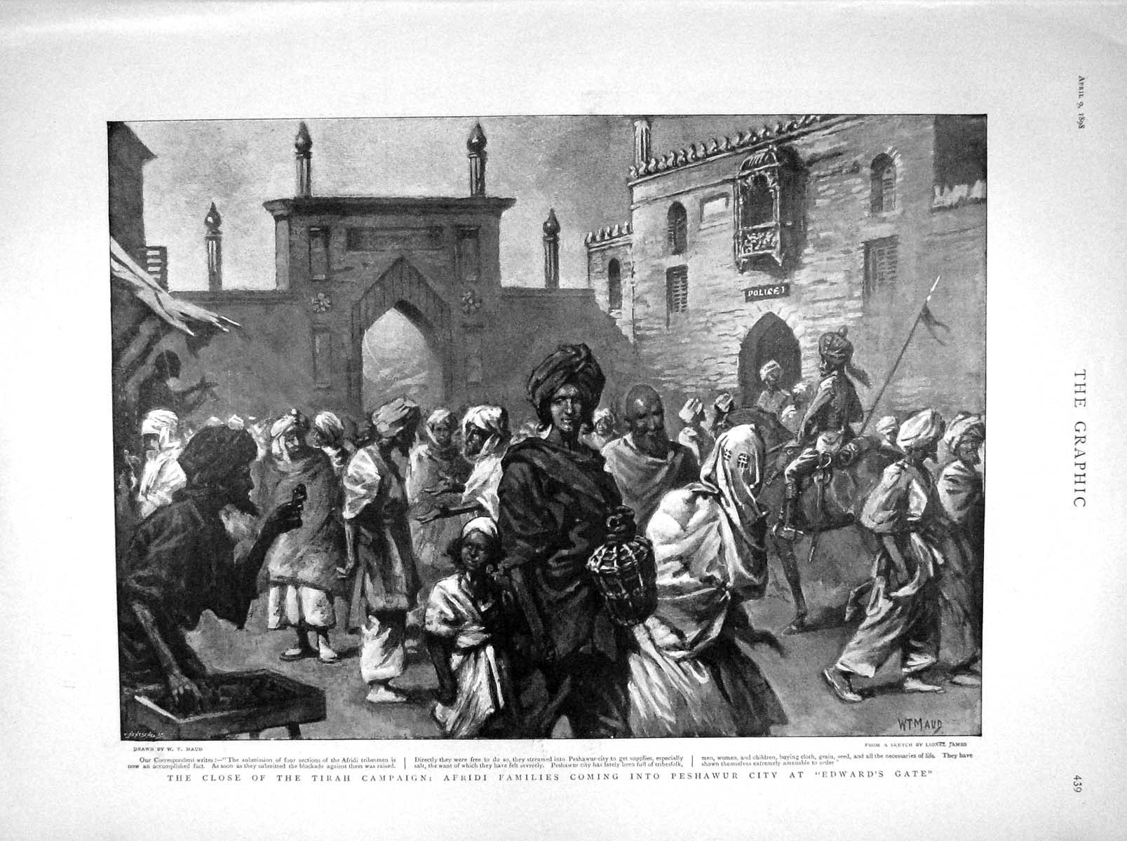 Original Old Antique Print 1898 Tirah Afridi Families Peshawur Edwards Gate