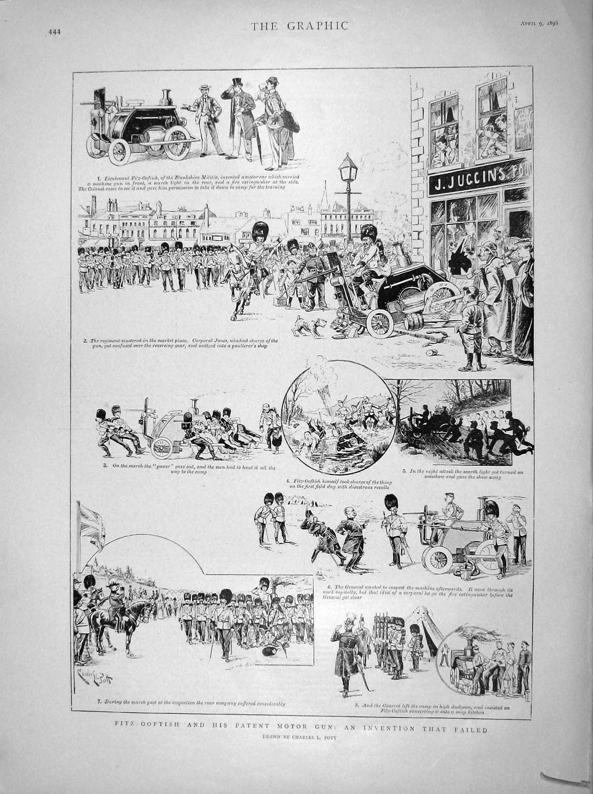 Original Old Antique Print 1898 Fitz-Ooftish Patent Motor Gun Failed Invention