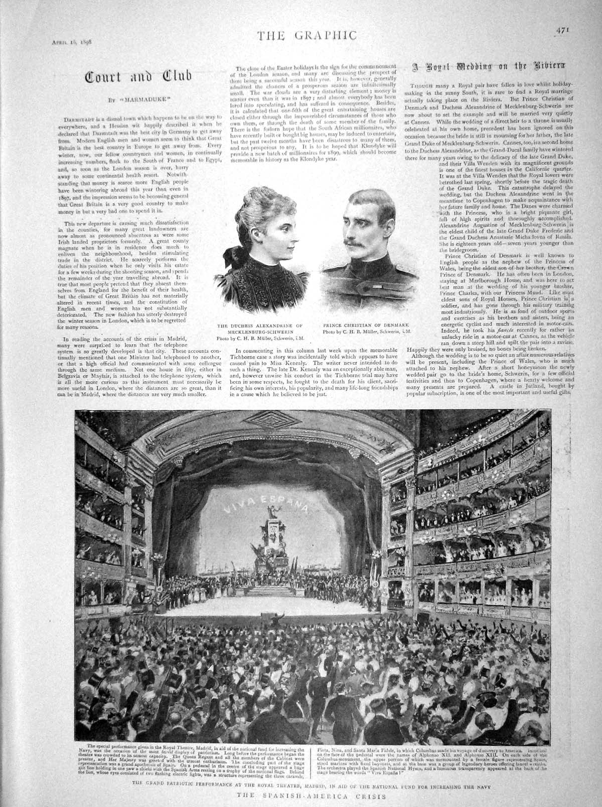 Original Old Antique Print 1898 Theatre Madrid Duchess Prince Christian Denmark