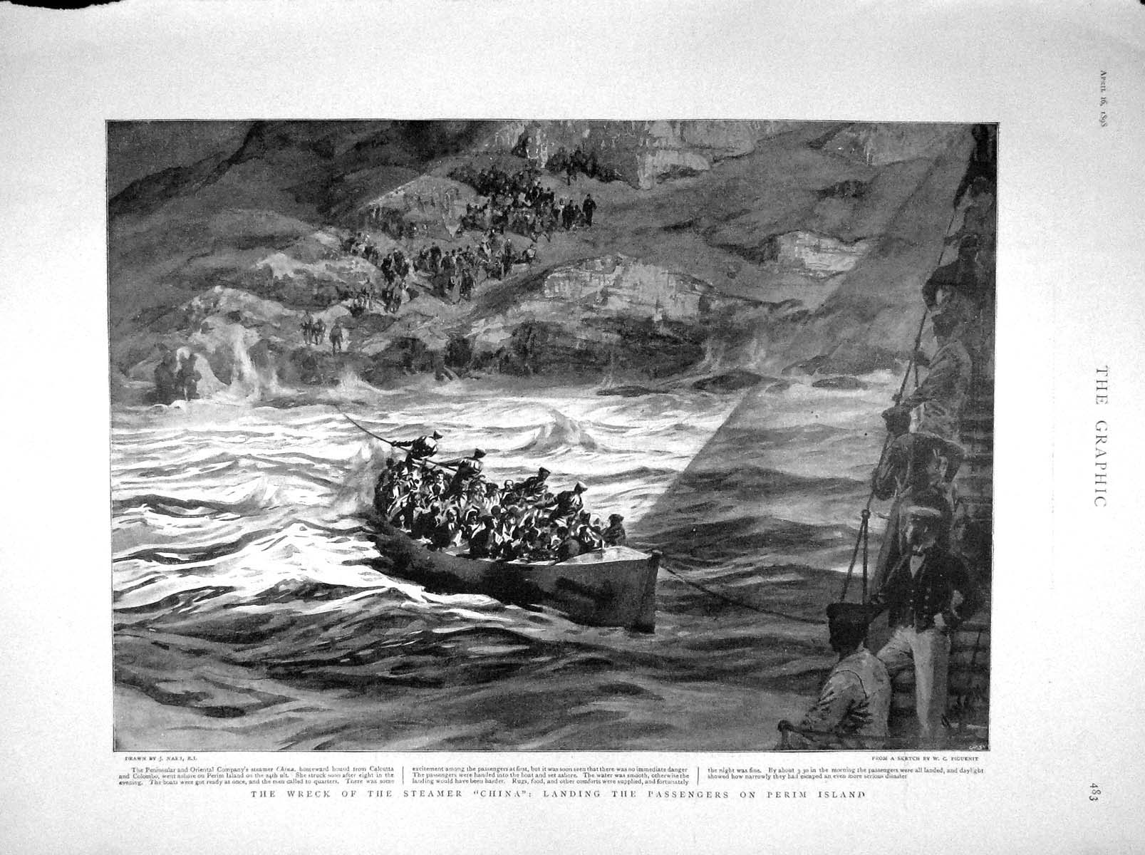 Original Old Antique Print 1898 Ship Wreck China Perim Port Arthur Crocodile