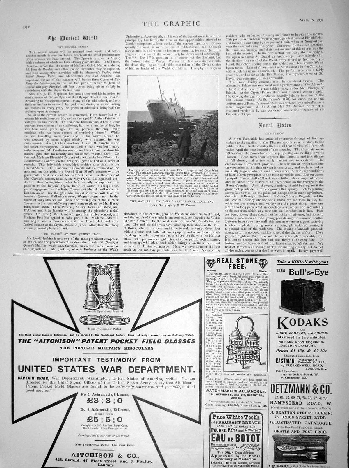 Old Antique Print 1898 Mail Ship Dahomey Holyhead Aitchison Field Glasses 19th