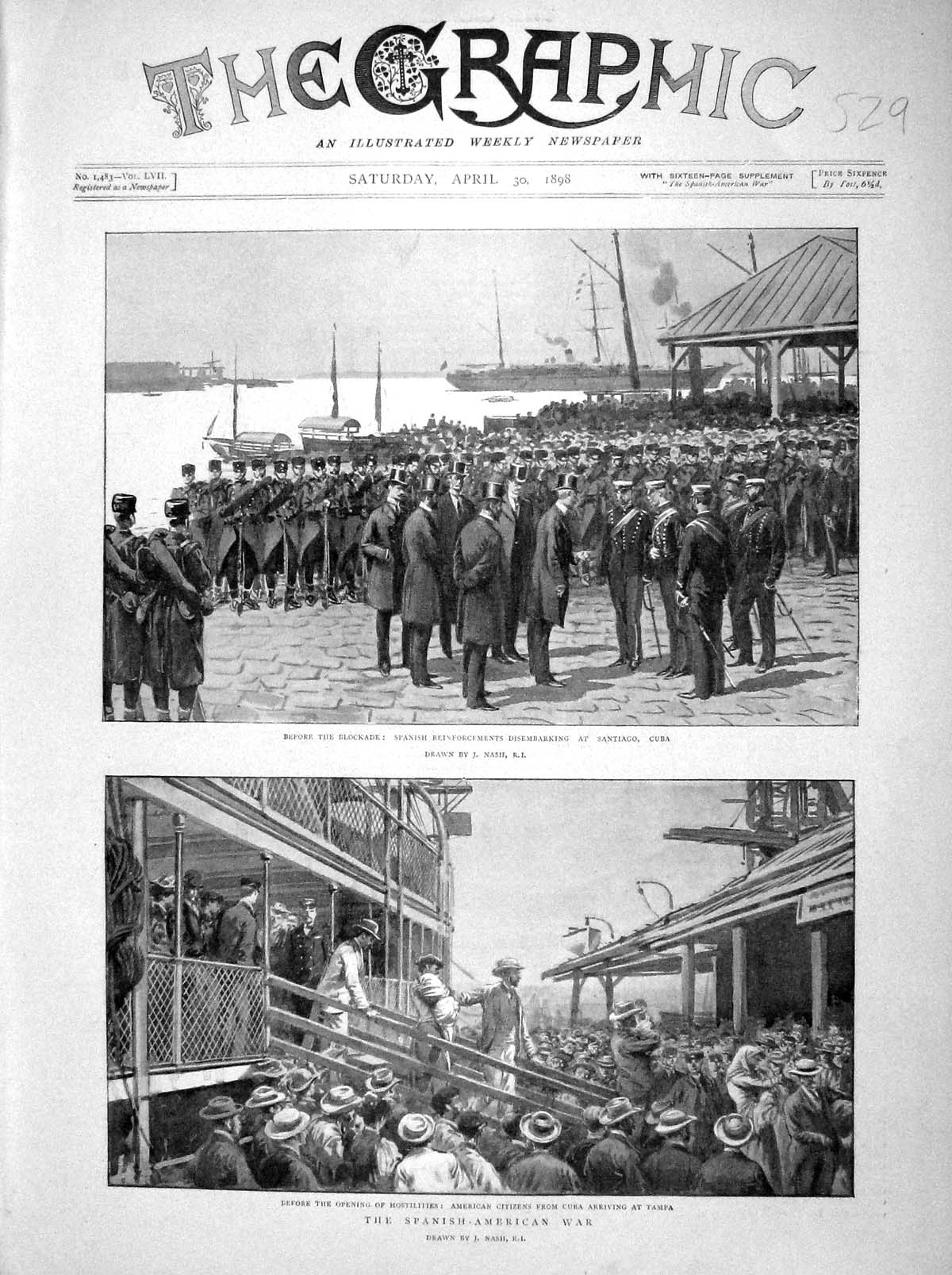 Original Old Antique Print 1898 Spanish-American War Cuba Tampa Ship Santiago